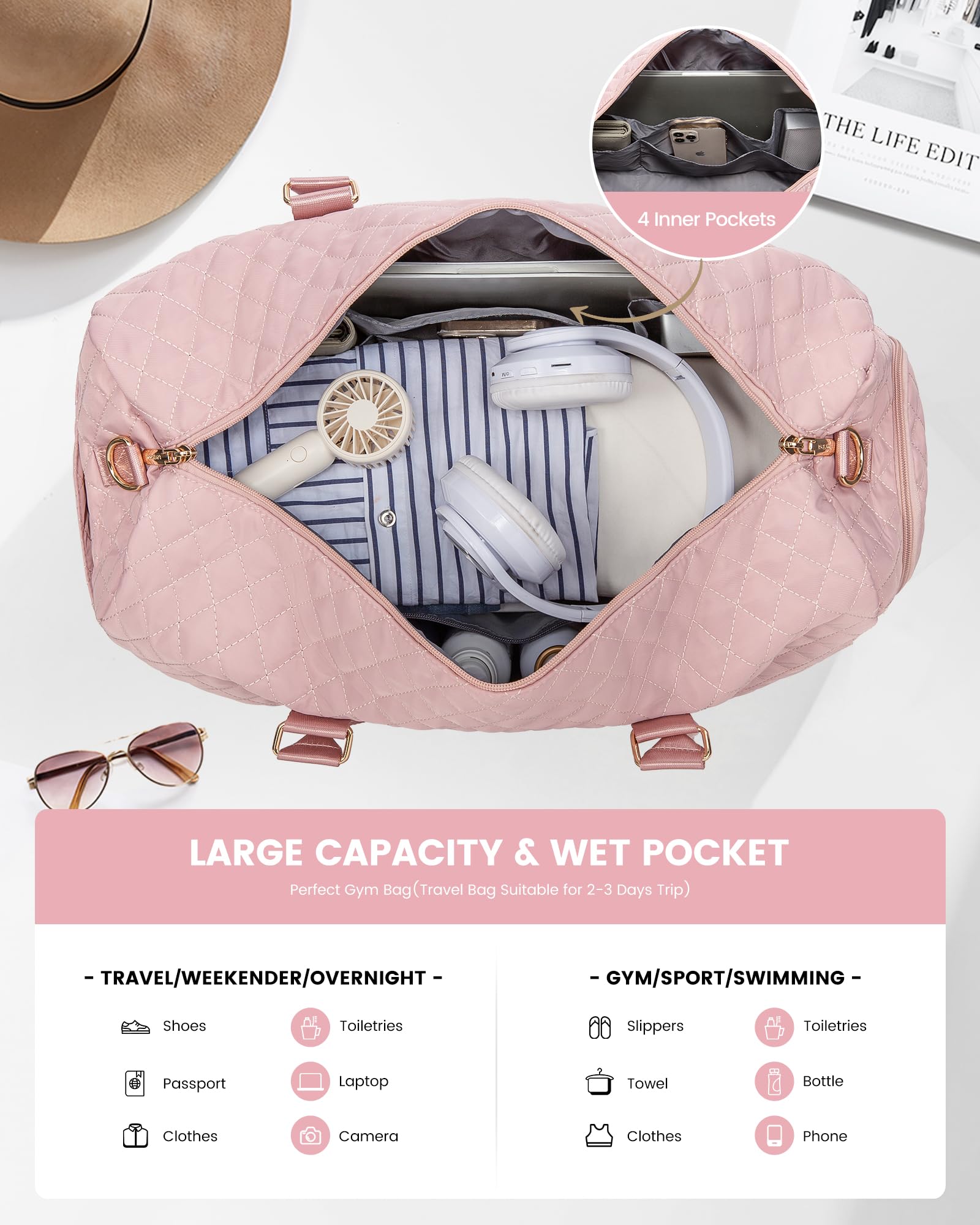 LOVEVOOK Damska Torba Podróżna Torba Sportowa Torba Weekendowa Torba Kliniczna, Wodoodporna Torba na Siłownię z Przegrodą na Buty i Przegrodą na Mokre Rzeczy, Torba na Podróż Samolotem, Różowy