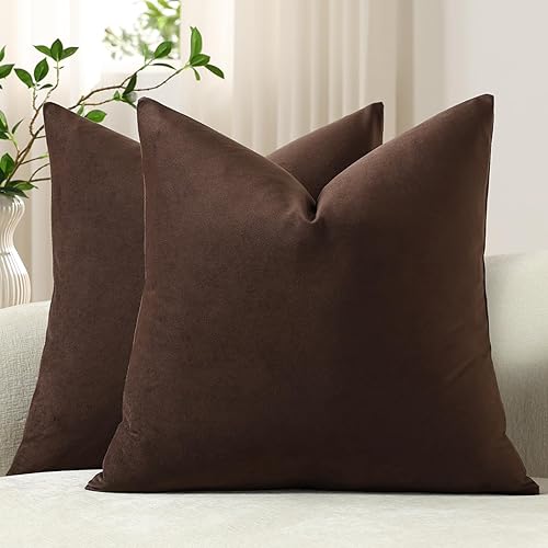 DEZENE Euro Sham Covers 26x26 Chocolate Brown: Pack of 2 Cozy Soft Velvet Square Modern Luxury Decorative Throw Pillow Cases for Sofa Couch Living Room Bed Home Decor
