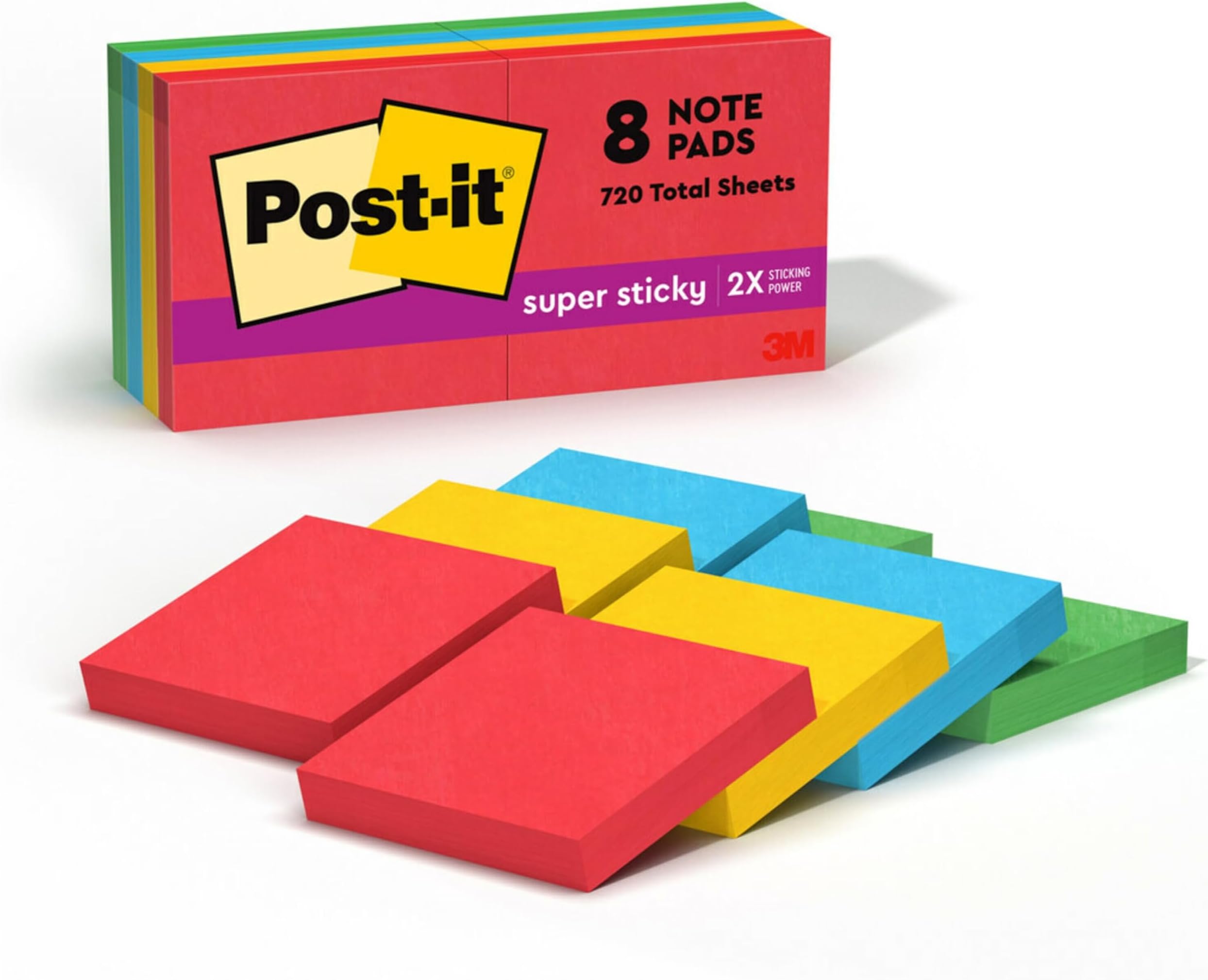 Post-it Super Sticky Notes, 3x3 in, 8 Pads, 2x the Sticking Power, Playful Primaries, Primary Colors (Red, Yellow, Green, Blue, Purple), Recyclable(654-12SSAN)