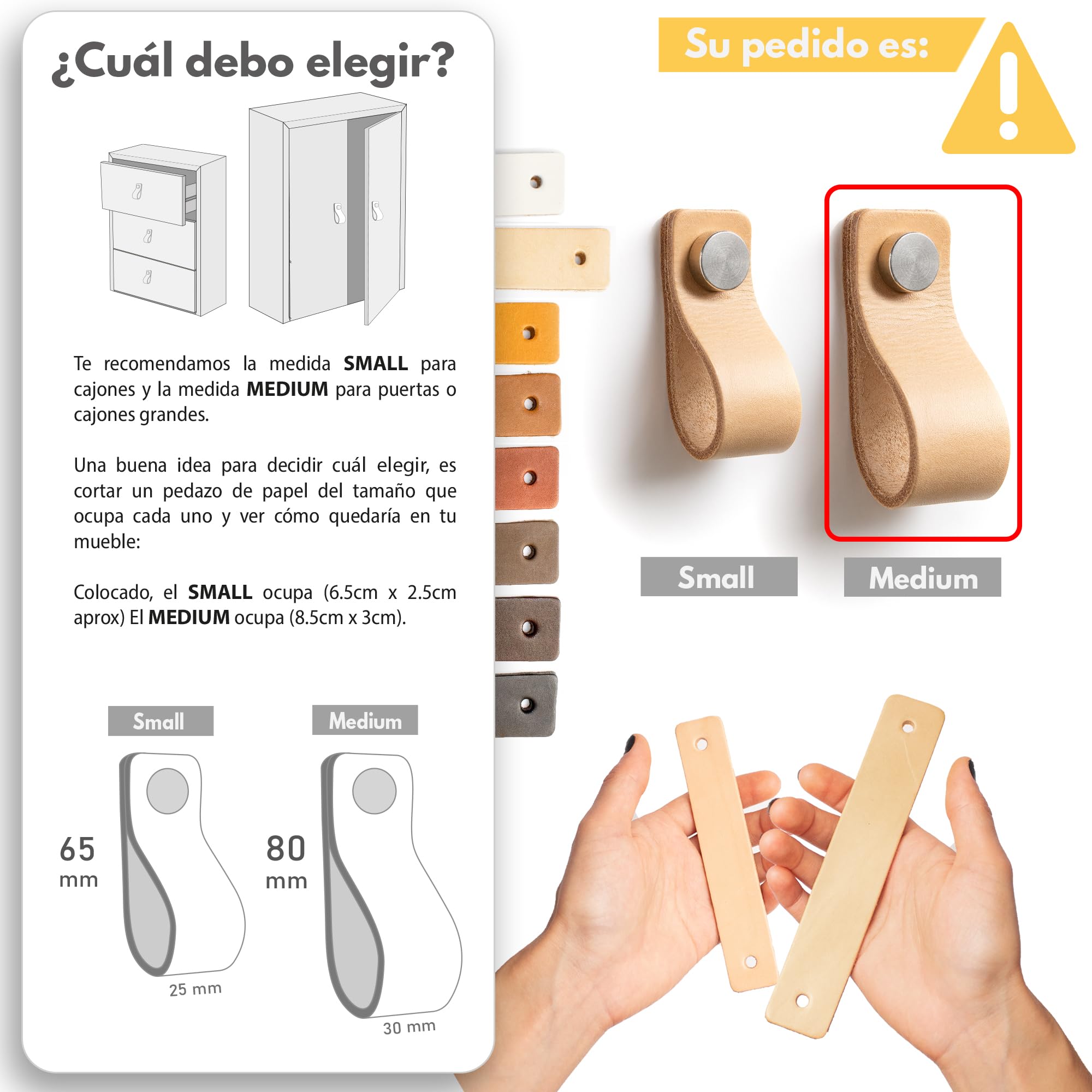 TIRADOR de Cuero para Mueble Armario Beige (10 Pcs) - Piel Vacuno Genuino Argentino Minimalista (MEDIUM, Natural)