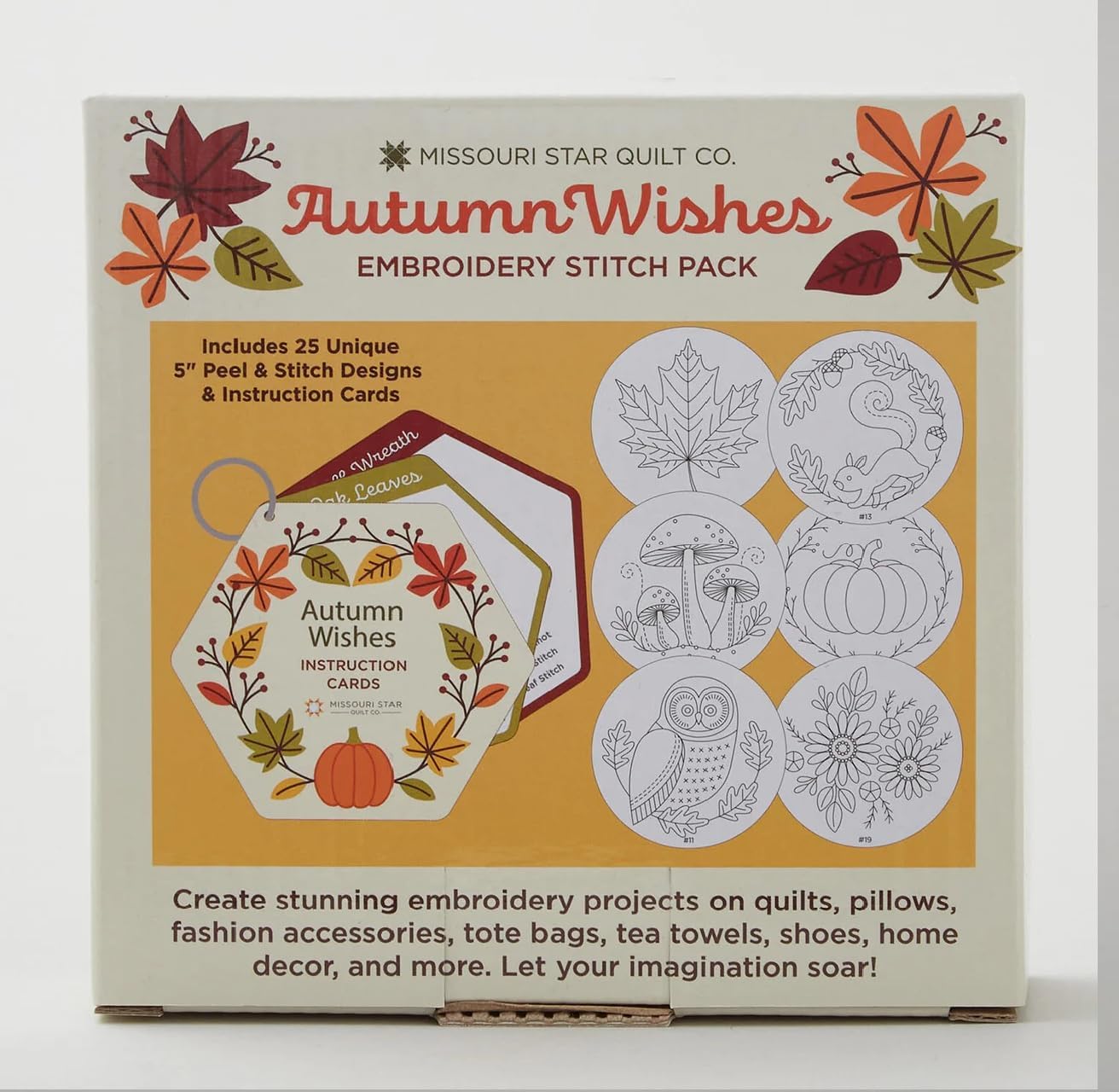 Missouri Star Autumn Wishes Peel & Stitch Design Pack – 25 Preprinted 5" Wash-Away Embroidery Sheets with Instructions – Fall Embroidery Patterns for Quilts, Crafts & DIY Home Décor