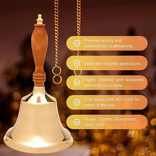 Miniatura 2 de Campana de mano sólida con mango de madera, campanas de latón para hacer ruido 4K