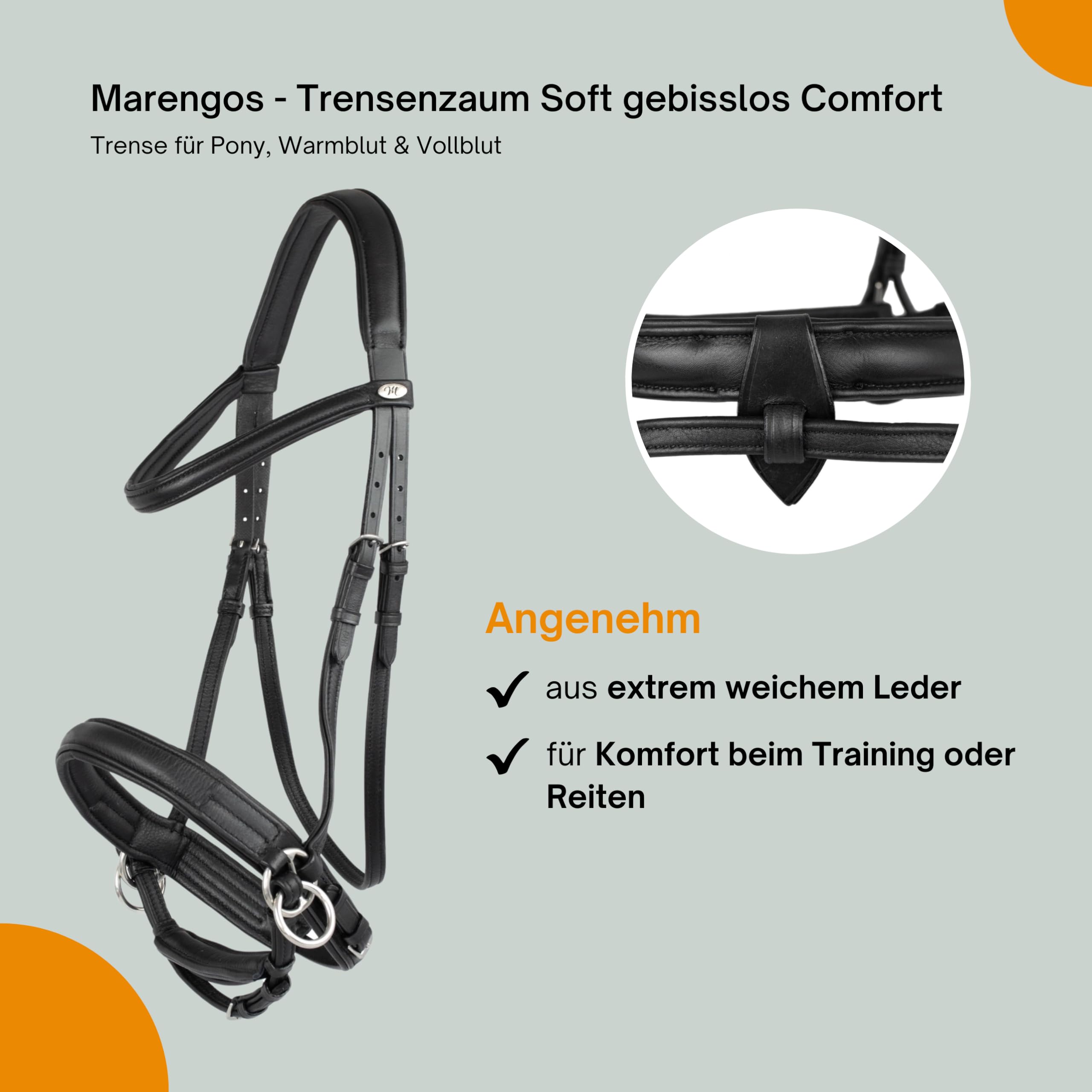 Marengos - Trensenzaum Soft gebisslos Comfort | Trense aus Leder & mit anatomisch geformtem Genickstück | Zaumzeug mit Zügel & Edelstahlbeschlägen | Größe Pony | Pferde Zubehör in schwarz | Trense aus Leder – anatomisch geformtes Genickstück – Zaumzeug mi
