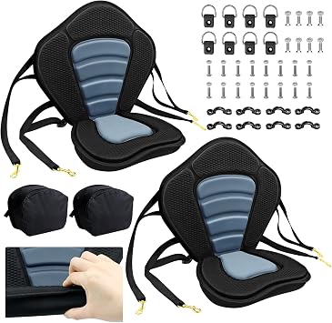 Kayak Seat Deluxe Padded Fishing Boat Seat Deluxe Sit-On-Top Canoe Seat Cushioned - Comfortable Backrest Support Universal Sit with Adjustable Back Strap Detachable Storage Bag