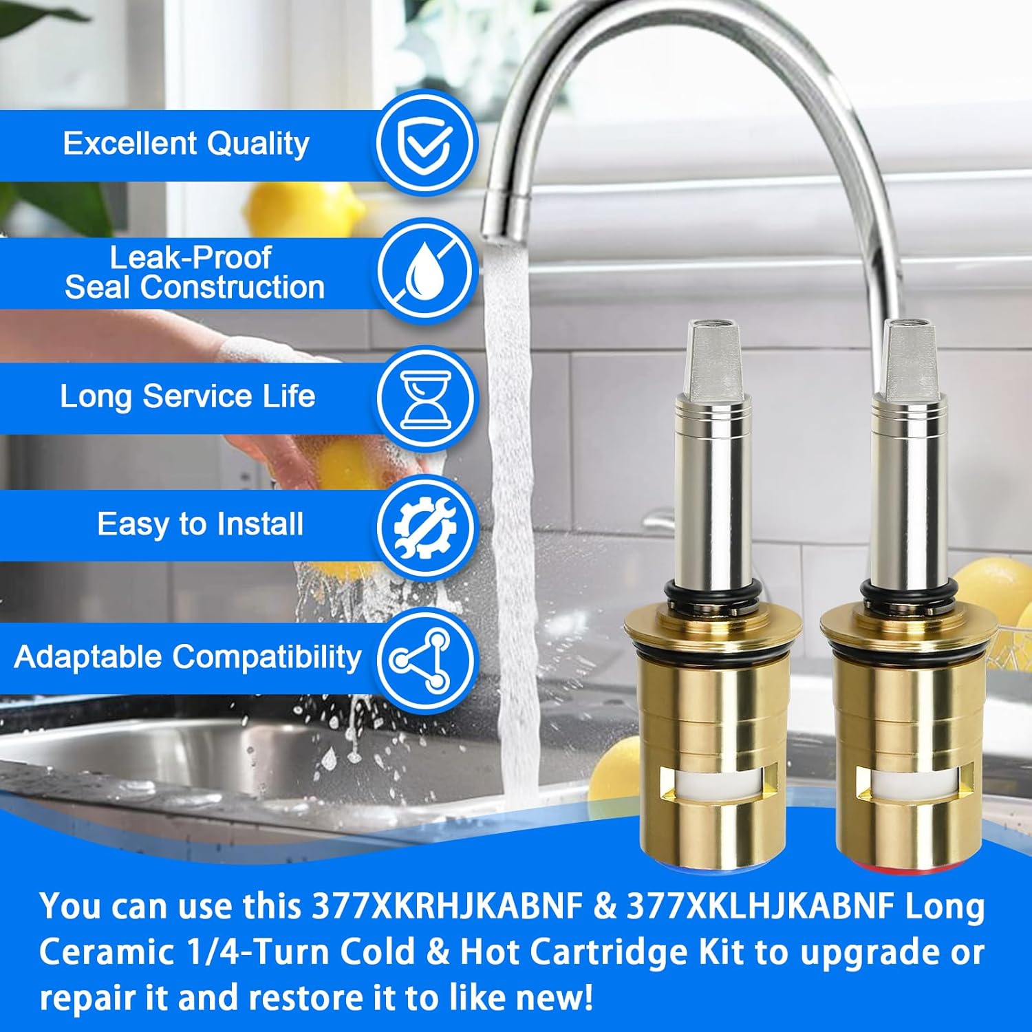 Upgraded 377XKRHJKABNF & 377XKLHJKABNF Long Ceramic 1/4-Turn Cold & Hot Cartridge Kit, Compatible with Chicago Cartridge, Long Stem for Concealed-Caps - Image 7