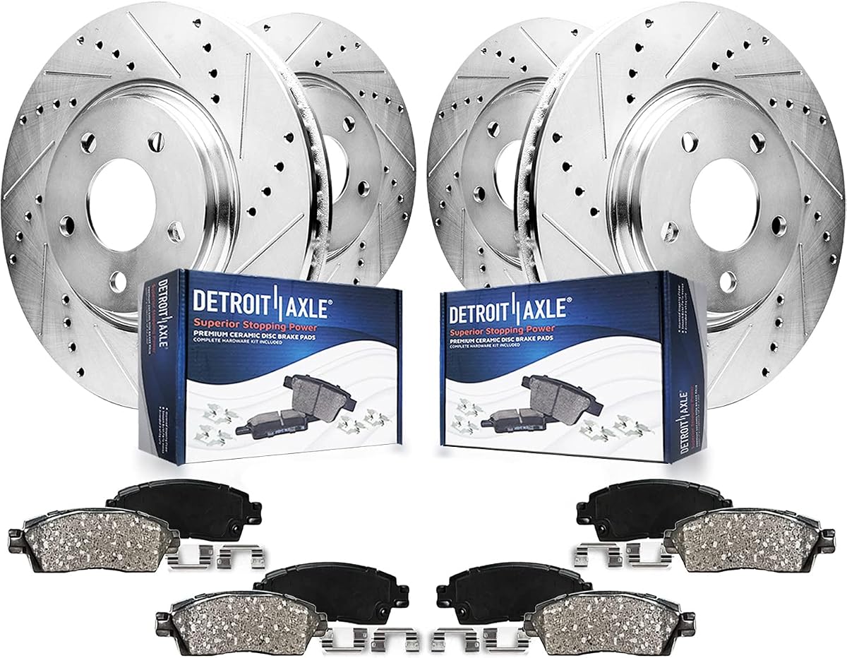 Detroit Axle - Brake Kit for 2006-2018 Dodge Ram 1500 2007-2009 Durango | 07-09 Chrysler Aspen 2019-2024 Ram 1500 Classic, Drilled Slotted Brake Rotors and Ceramic Brake Pads w/Hardware Replacement