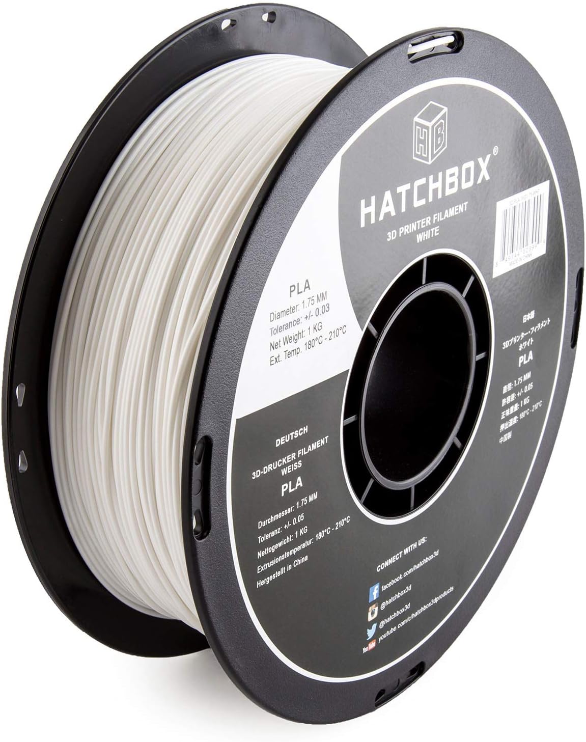 HATCHBOX 1.75mm White PLA 3D Printer Filament, 1 KG Spool, Dimensional Accuracy +/- 0.03 mm, 3D Printing Filament