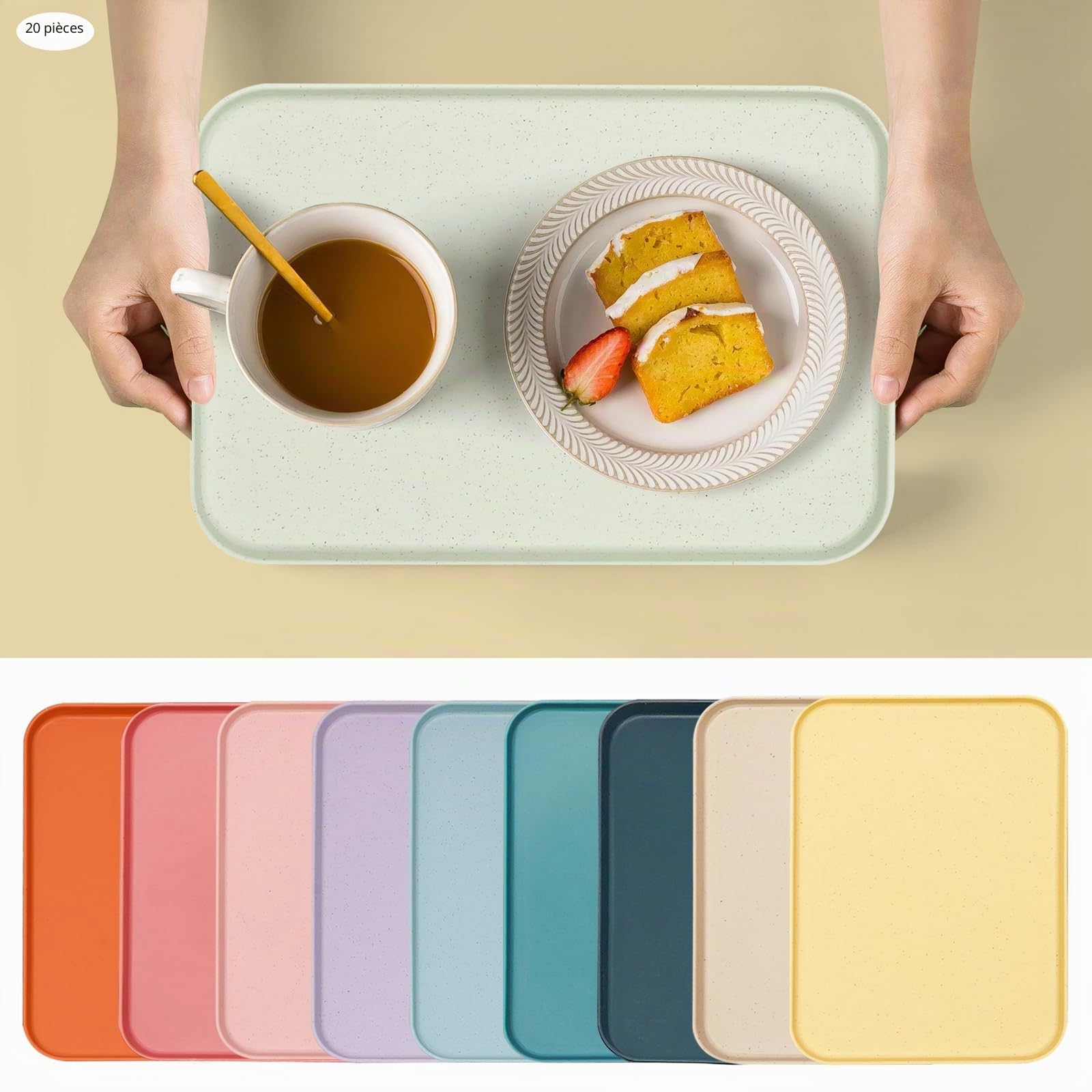 20 Pièces Plateau Plastique Rectangulaire, Plateau De Service en Antidérapants, Plateaux Restauration, Rectangulaire Plateaux pour Cuisine Café Boulangerie, 31x22cm (10 Couleurs)