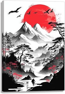 OAAPITI Japanese Canvas Wall Art Japanese Natural Landscape Painting Prints Red And Black Modern Artwork for Living Room Office Decor Frame(Artwork-1,28"x42")