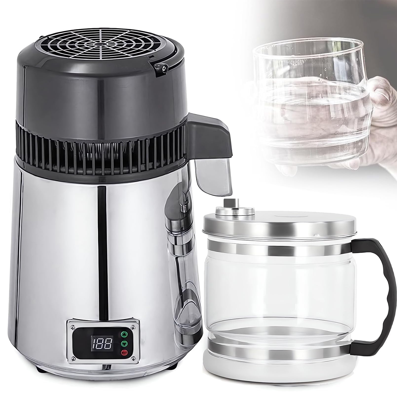Destilador de agua pura con cubo de tapa de vidrio, máquina de agua destilada de 750 W 4 L, revestimiento de acero inoxidable 304 Therm Lock purificador de agua eléctrico botón de pantalla silver