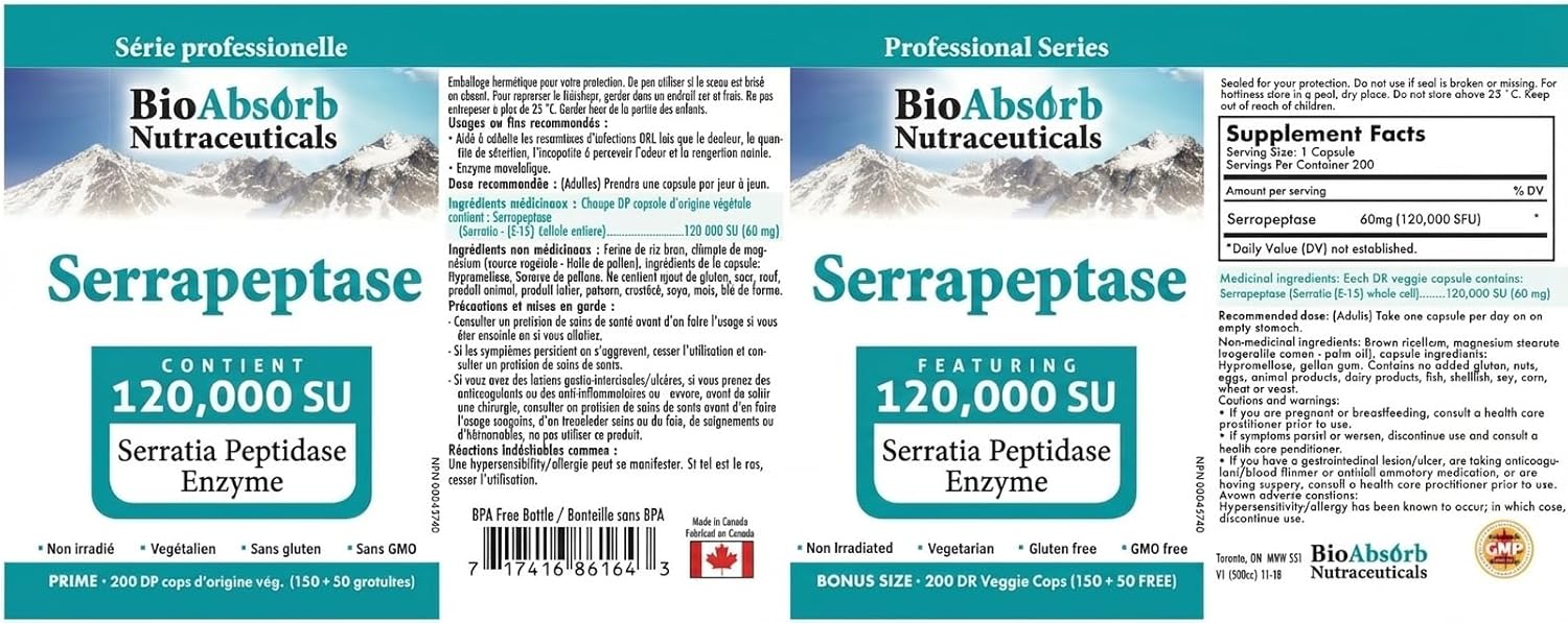 Bio Absorb Serrapeptase Enzyme, High Potency 120000 Units (SPU), 200-Day Supply, Delayed Release Vegetarian Capsules (DRcaps) for Maximum Absorption