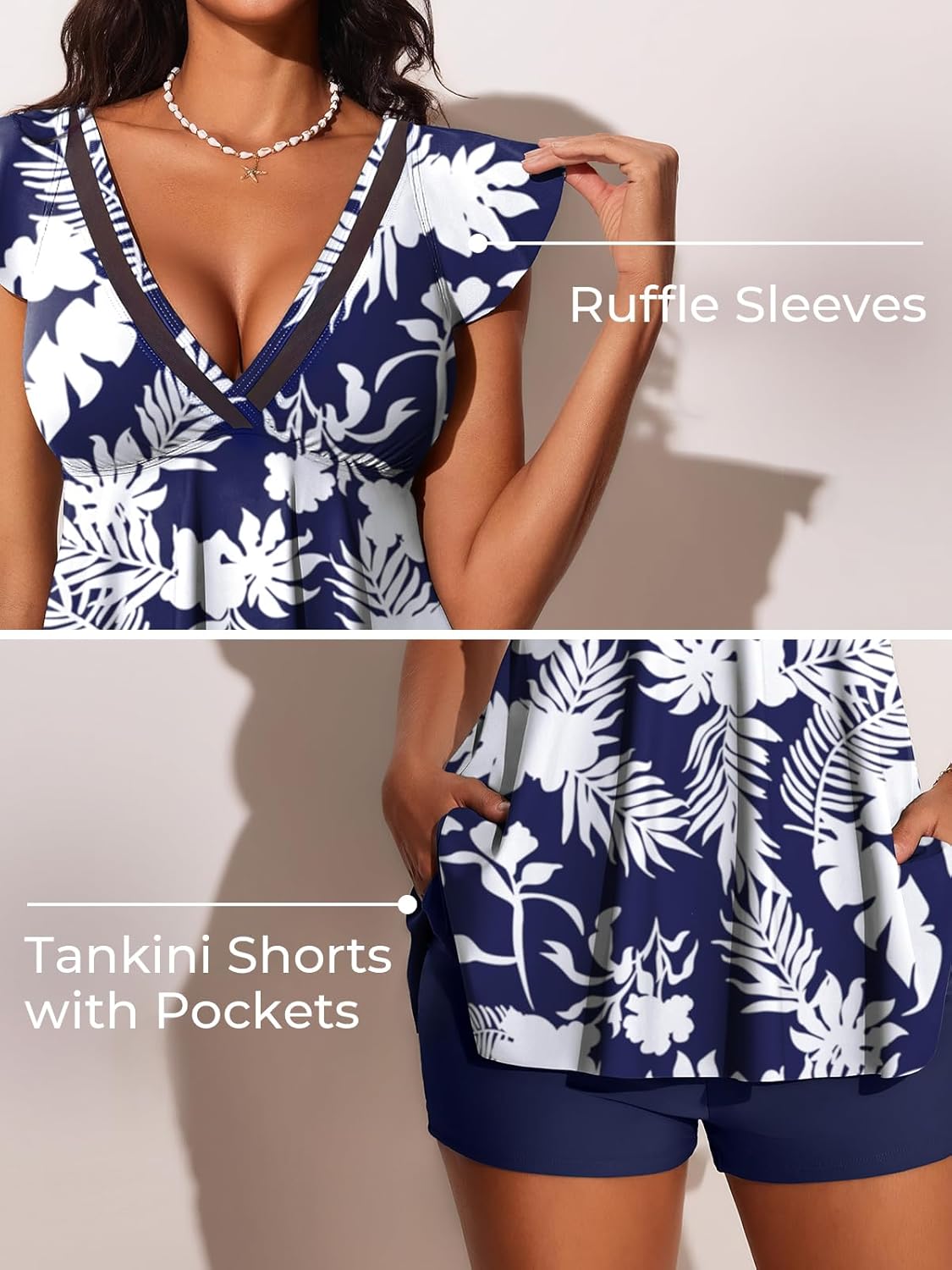 Summer Mae Women's V-Neck Tankini Swimsuits 2025 with Ruffle Sleeves Tummy Control Boyshorts Bathing Suits with Pockets - Image 4