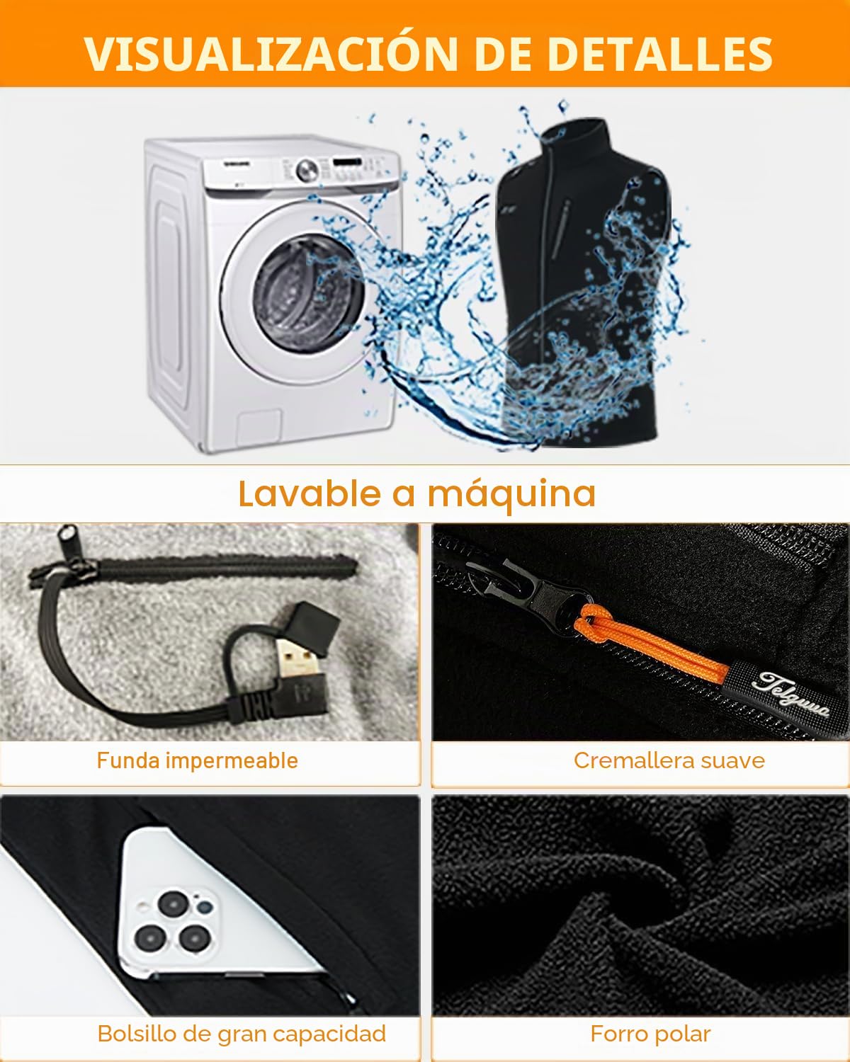Telguua Chaleco Calefactable de Forro polar Hombres,con Batería 10000mAh 5V, 6 Zonas Calefactables Térmico 3 Temperaturas Ajustables, Lavable en la Lavadora, Adecuado para Trabajo al aire libre