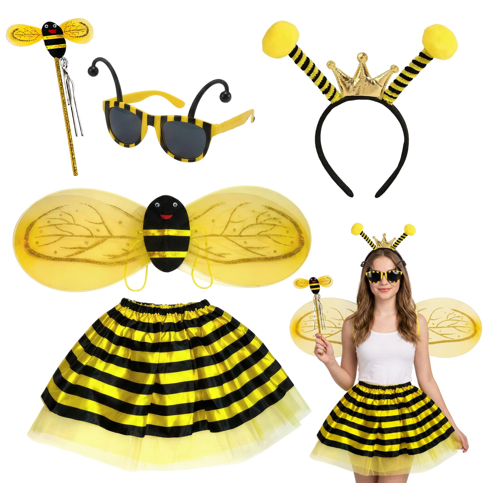 OBOVO 5 Pcs Bee Costume Set, Halloween Costumes with Wings, Fairy Wand, Headband, Glasses, Skirt, Bumble Bee Costume for Halloween Cosplay Carnival World Book Day