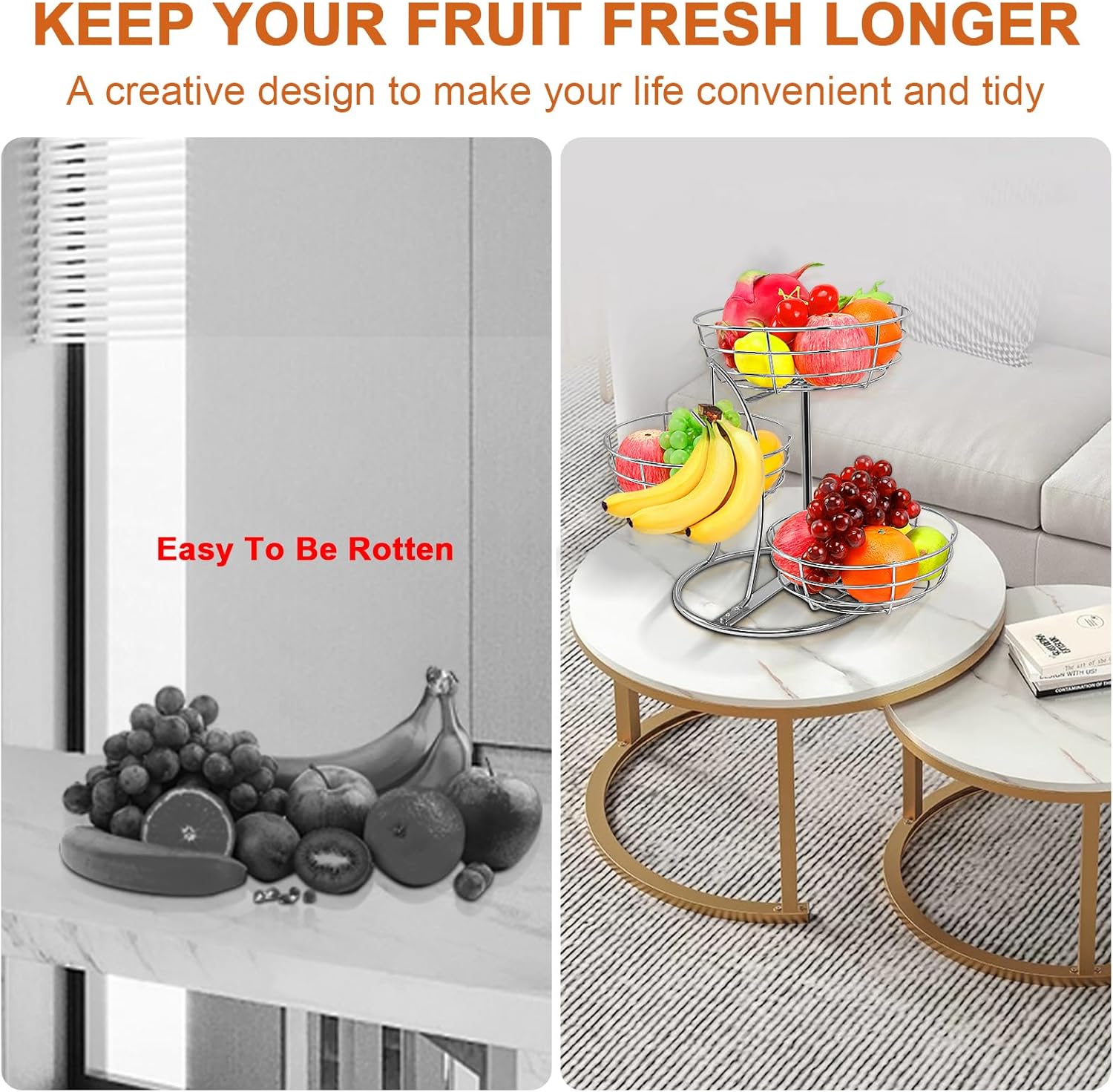 Livabber Fruit Basket Bowl with Banana Hanger, Fruit Vegetable Storage Basket with Banana Tree Holder for Kitchen Counter, Detachable Organizer for Bread Snack Produce (Chrome, 3-Tier Metal Base) - Image 5