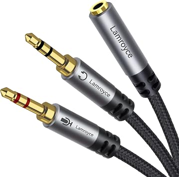 Headphone Splitter for Computer,3.5mm TRRS Female to 2 Dual 3.5mm TRS Male Mic Audio Jack Y Splitter Cable, 1/8inch 2-in-1 Dual-Stereo Jack Gaming Headset Earphones Combiner Cable for PC Laptop-1Feet