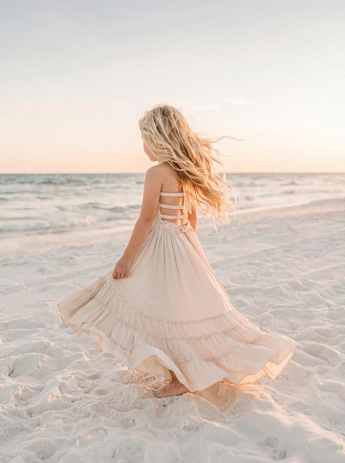 Boho Girls Summer Dress Halter Sleeveless Smocked Flowy Ruffle Flower Girl Maxi Tiered Dress Beach Wedding Holiday