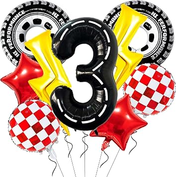 Race Car Party Decorations 30inch Tire Balloons Lightning Bolt Foil Balloons 40 Inch Racetrack Number 3 Balloon for Boys 3rd Cars Themed Birthday Party Decor Supplies