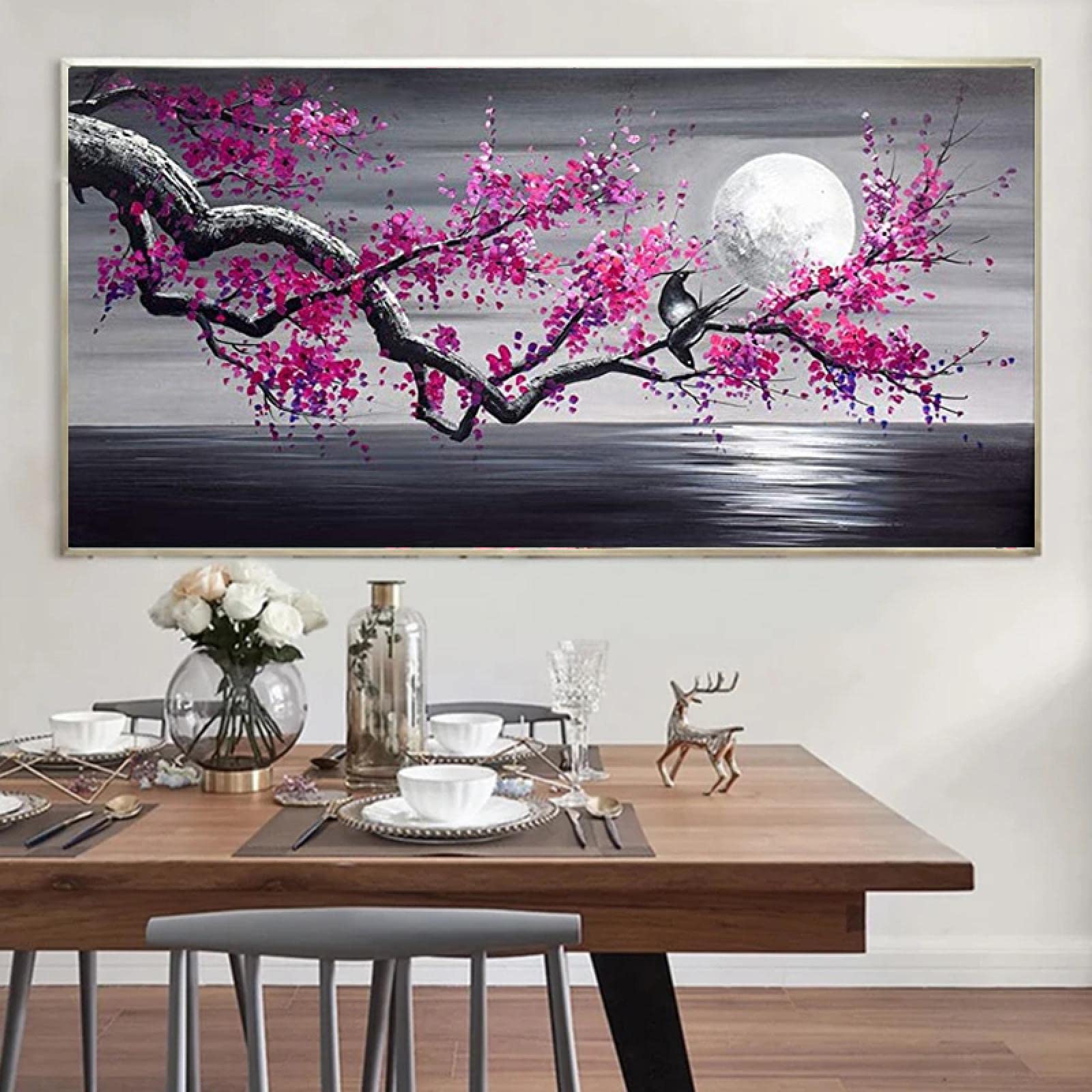 Toile fleurs abstraite arbre et lune salon 50x100cm - 6