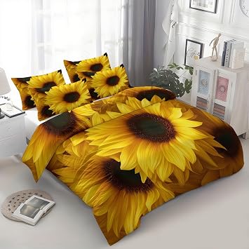 Bedding Duvet Cover Set Twin Size, Yellow Printed Quilt Sunflower Bedding Set Modern Breathable Quilt Covers for All Season 1 Duvet Cover + 1 Pillowcase