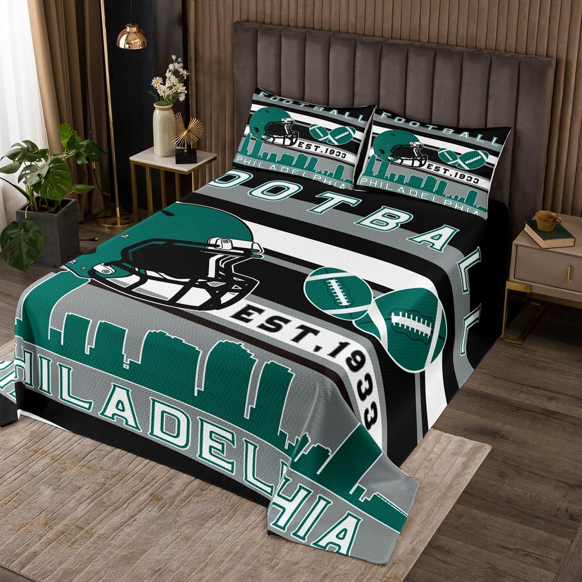 Football City(Philadelphia) Bedspread Queen Size Bedding For Teens Living Room American Football Decor Coverlet Set Grey Soccer Rugby Game Quilt Set for All Season,3 Pcs with 2 Pillowcases