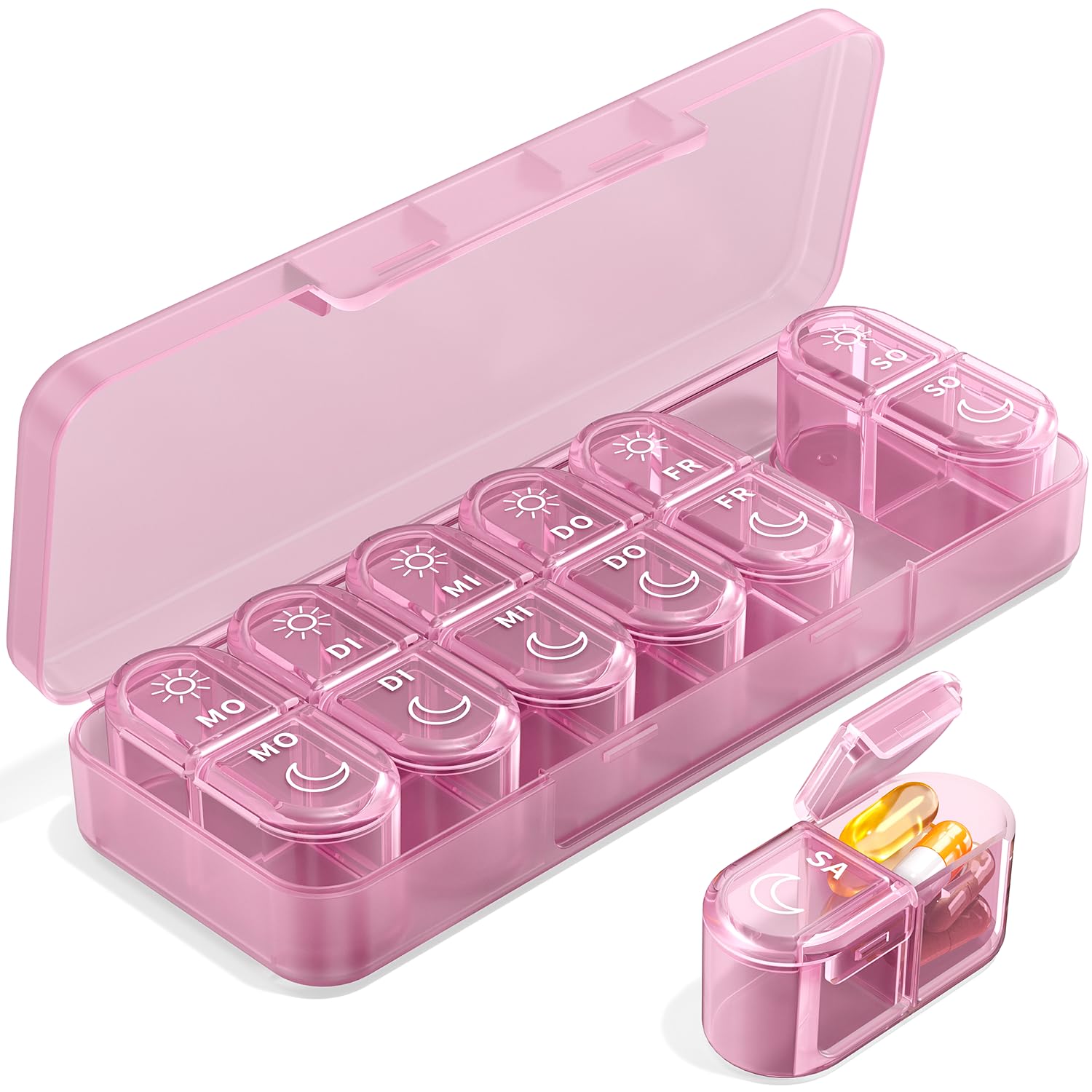 Doruimi Tablettenbox 7 Tage Morgens Abends, Pillenbox 7 Tage 2 Fächer Klein Für Unterwegs, Medikamentenbox 14 Tage Große Fächer Für Medikamente, Vitamine, Fischöl