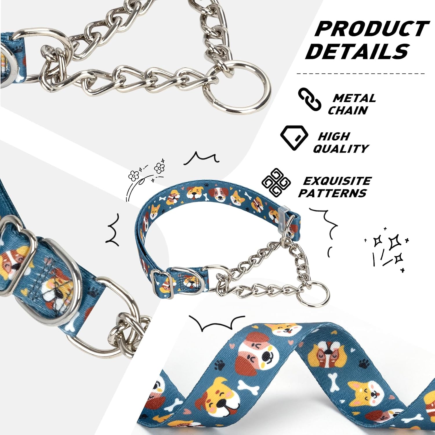 Martingale Collar with Chain, Cute Dog Pattern Choke Collar for Large Dogs image 3