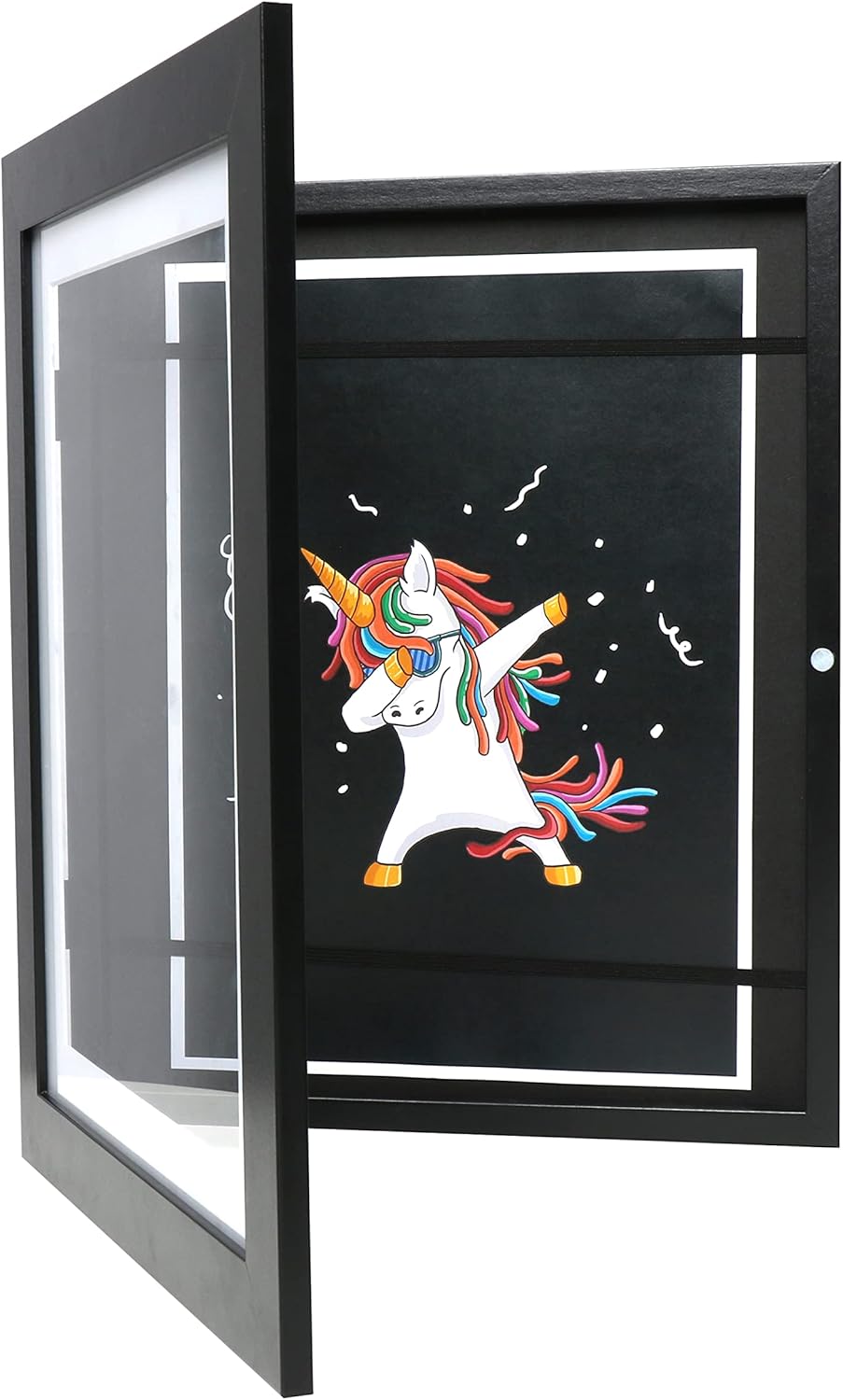 FrameWorks 10” x 12.5” Black Wooden Kids Art Frame - Frames for Kids Artwork with Gallery Style Edges, Tempered Glass Art Frame for Home Decor, Art Display for Kids with Elastic Straps