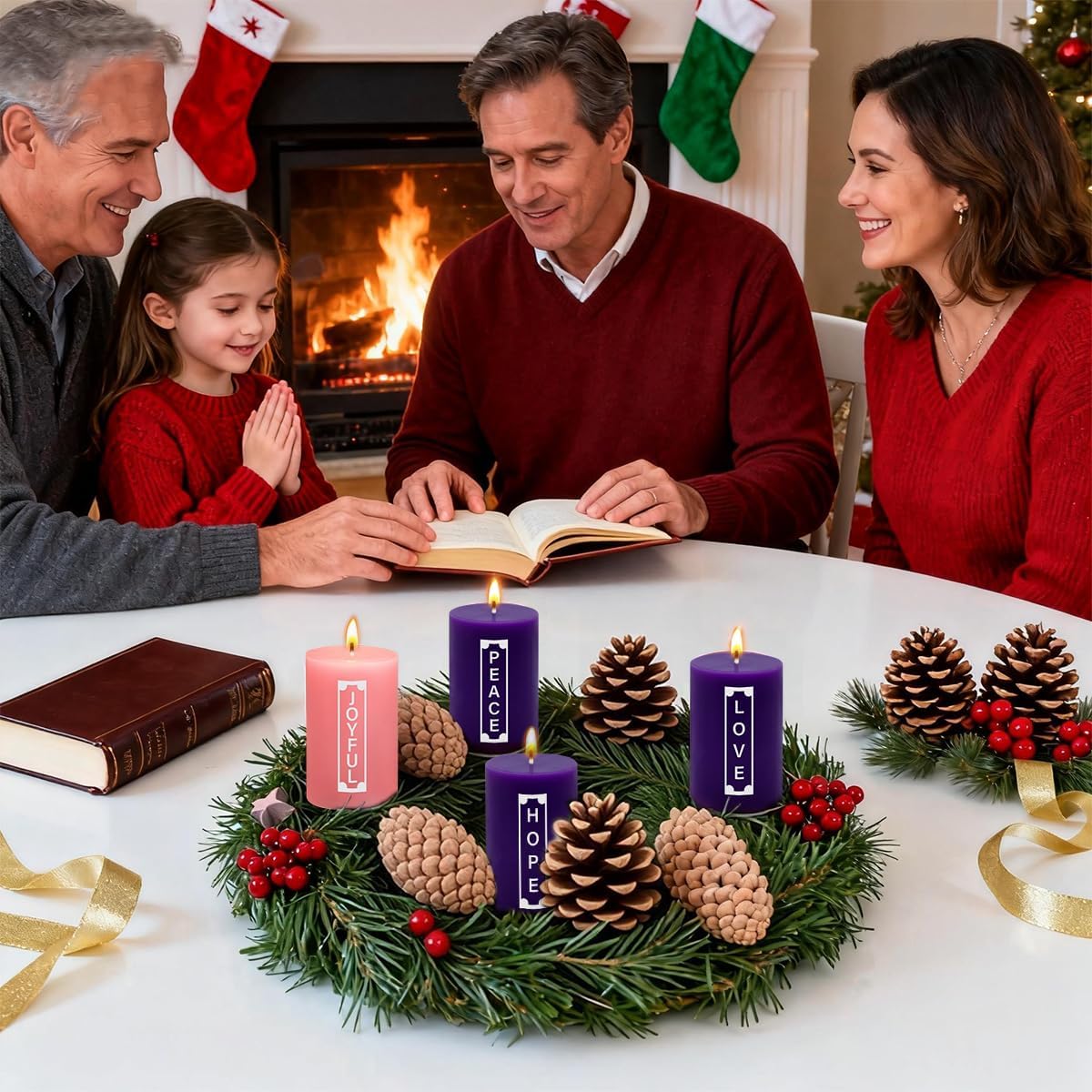2×3 Inch Advent Pillar Candles with Words, 3 Purple and 1 Pink Seasonal Celebration Candles for Advent Wreath and Christmas Decorations, Long-Lasting Slow-Burning Dripless Candle