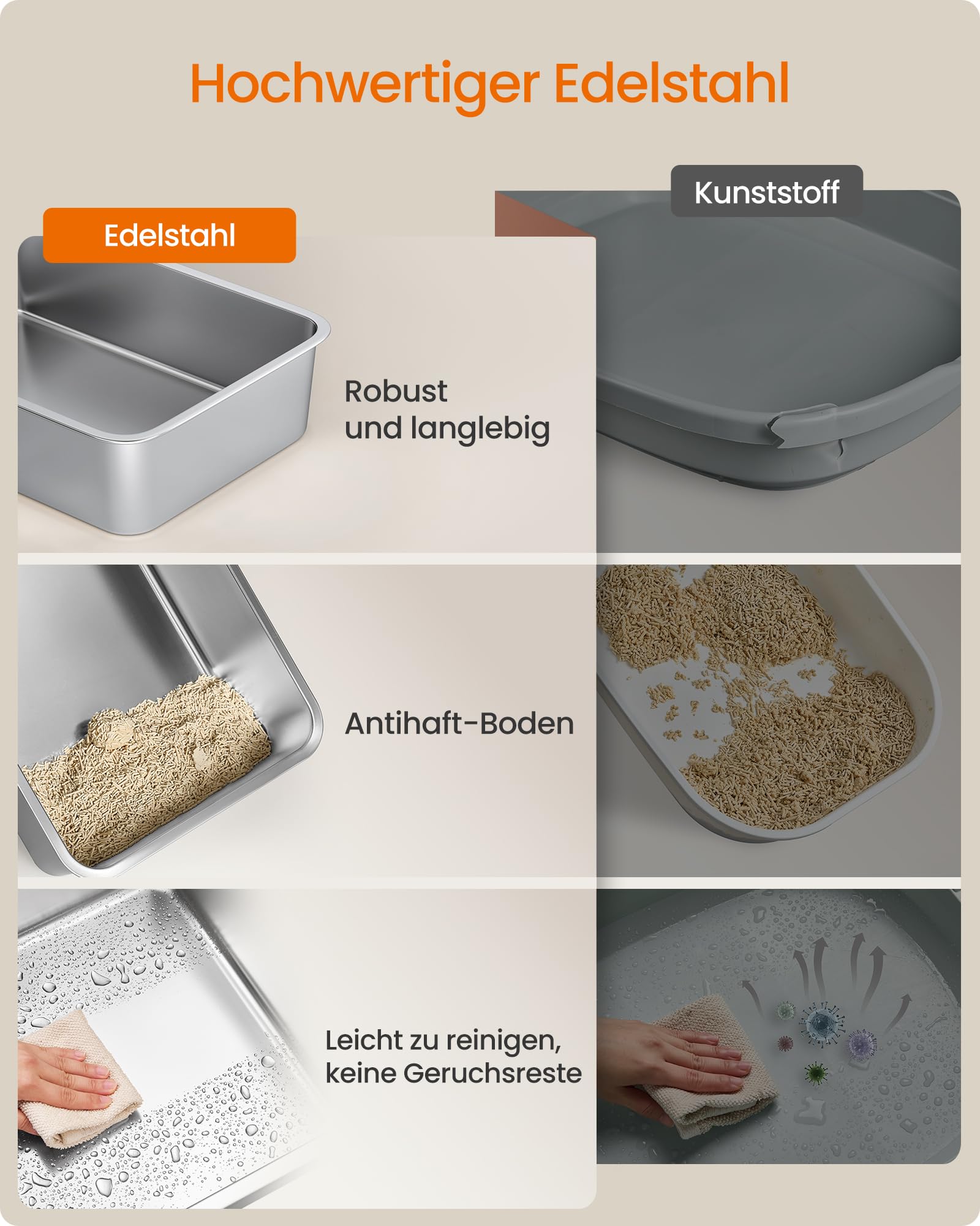 Feandrea Katzenklo Edelstahl, Katzentoilette mit Deckel, geschlossen, 2 Eingänge, inklusive Schaufel und Bürste, für Katzen bis 15 kg, taubengrau PPT021G201