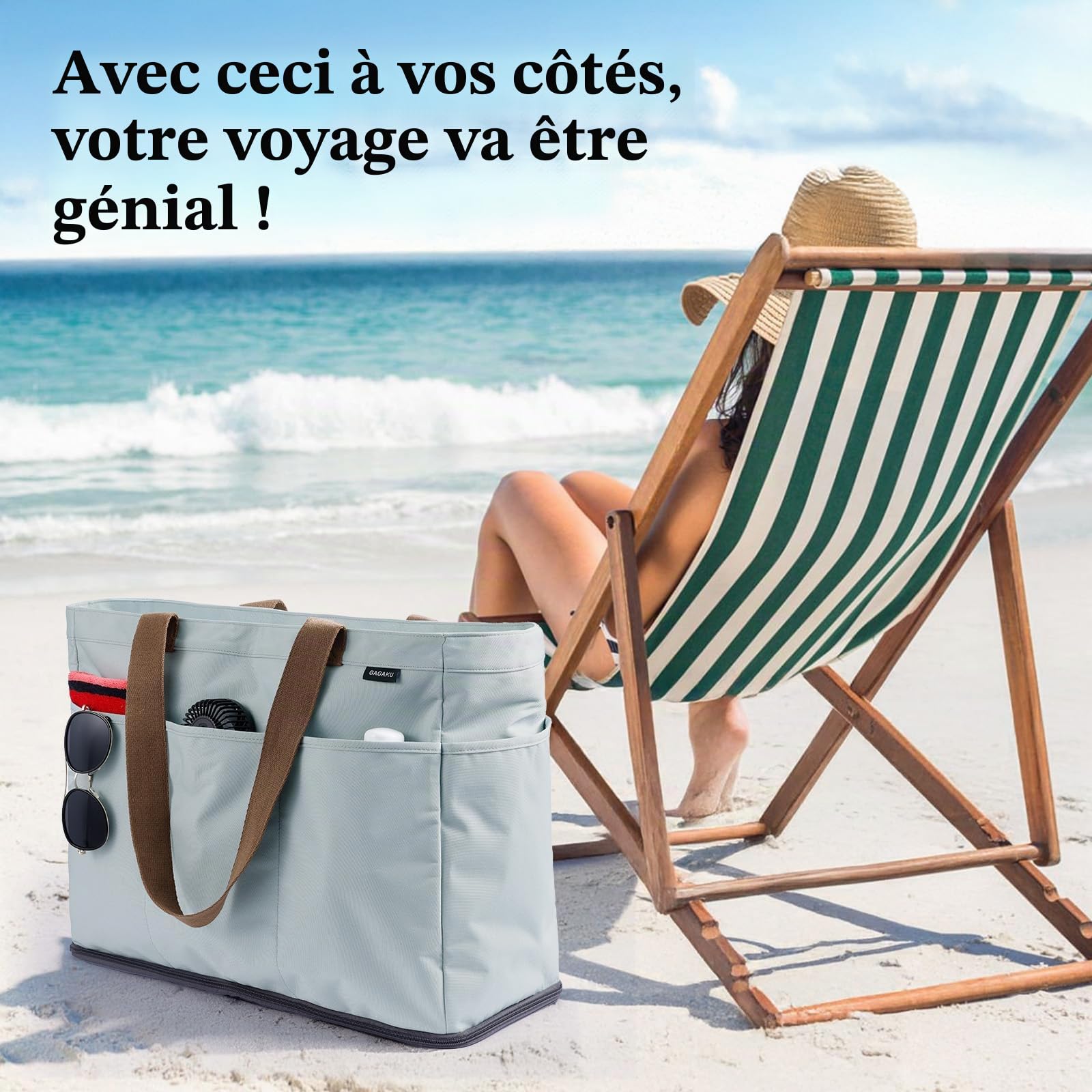 GAGAKU Sac de Plage XXL avec Compartiment Isotherme, Sac de Plage imperméable avec Fermeture éclair – Grand Sac de Bain Pliable pour Famille, Femme, Piscine, Voyage – Bleu 50 x 38 x 19 cm