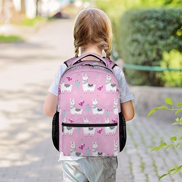 Llama Backpack for Kids, 16 Inch Pink Backpacks for School, Cute Lightweight Bookbag for Girls