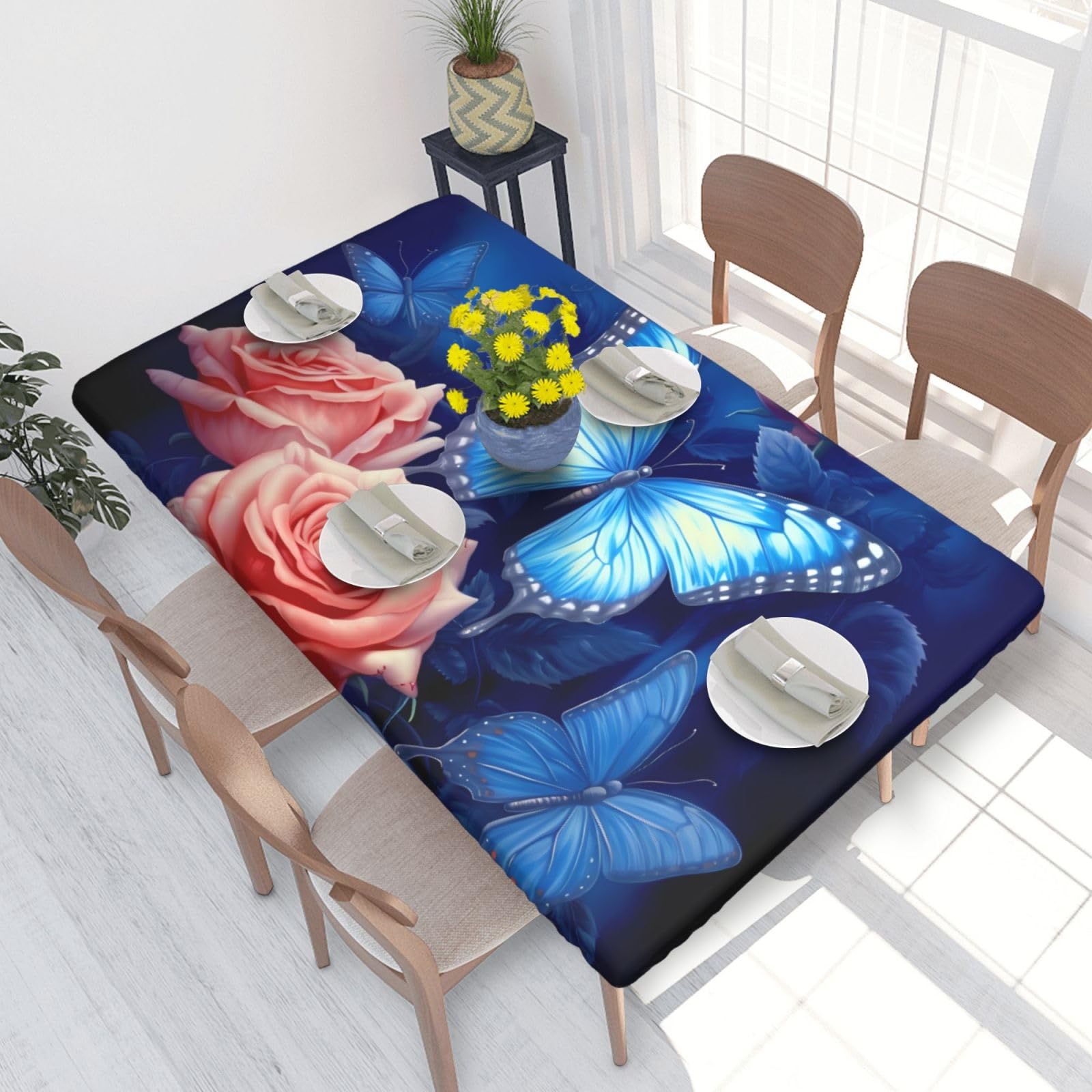 Butterflies On Roses Waterproof Square Table Cover Elastic Fitted Tablecloth Oil Proof Table Protector For 4ft Table
