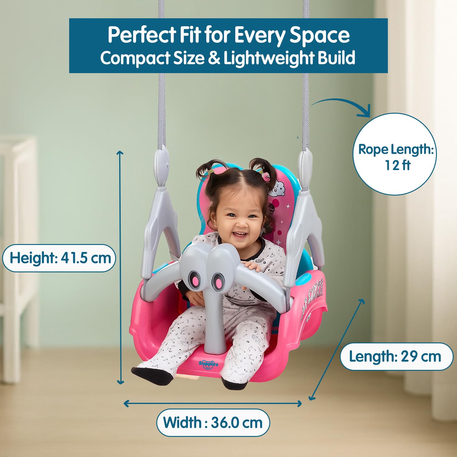 Amazon Brand - Supples Baby Swing for Kids | Non-Toxic Plastic | Indoor & Outdoor Use | Adjustable Design with Safety Belt | Age 6 Months to 4 Years | Blue & Pink - Image 8 thumbnail