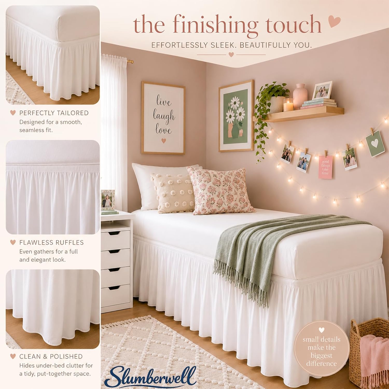 SlumberWell College Dorm Twin XL Ruffled Bed Skirt, 40 Inch Drop, White | Hidden Storage Solution