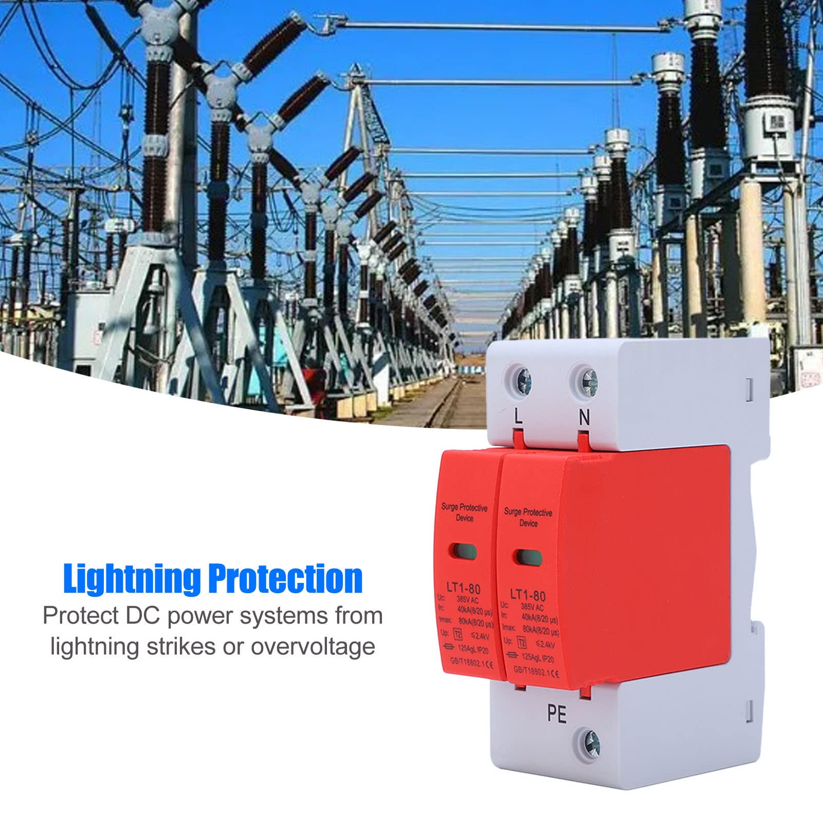 Buachois Dispositivo Scaricatore 2P,AC 385V Binario Guida 40‑80Ka Protezione Scaricatore di Tensione Modulo di Protezione Elettronico Per Fotovoltaico Solare, Alimentatore