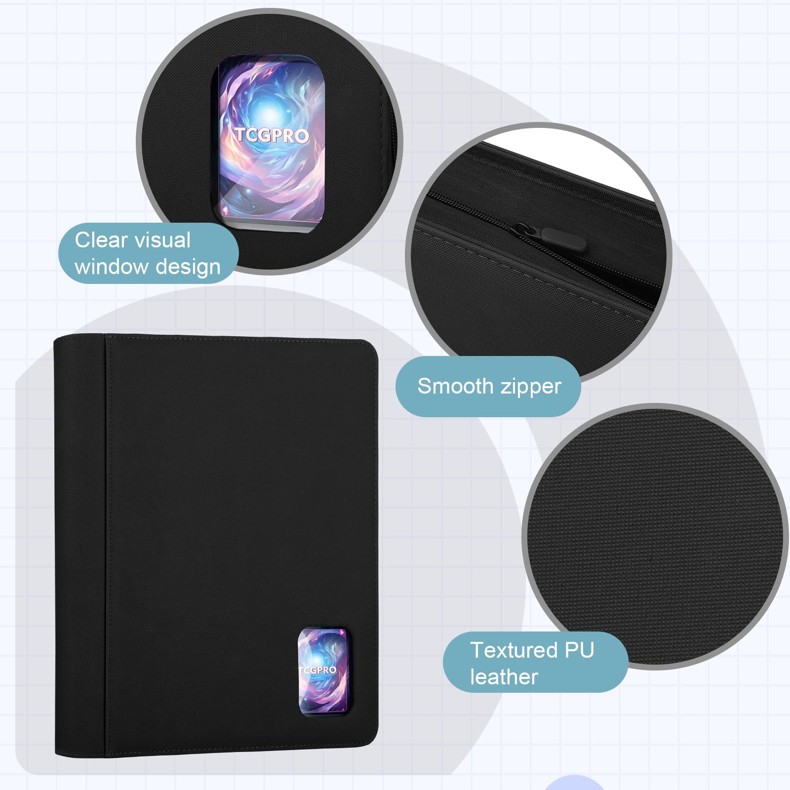 TCGPRO Toploader Binder mit Sichtfenster für 360 Karten in 3"x4" Rigid Hüllen, Toploader Album mit 9 seitliche Pocket und Reißverschluss, kompatibel mit MTG, TCG, Sports Cards etc. Schwarz