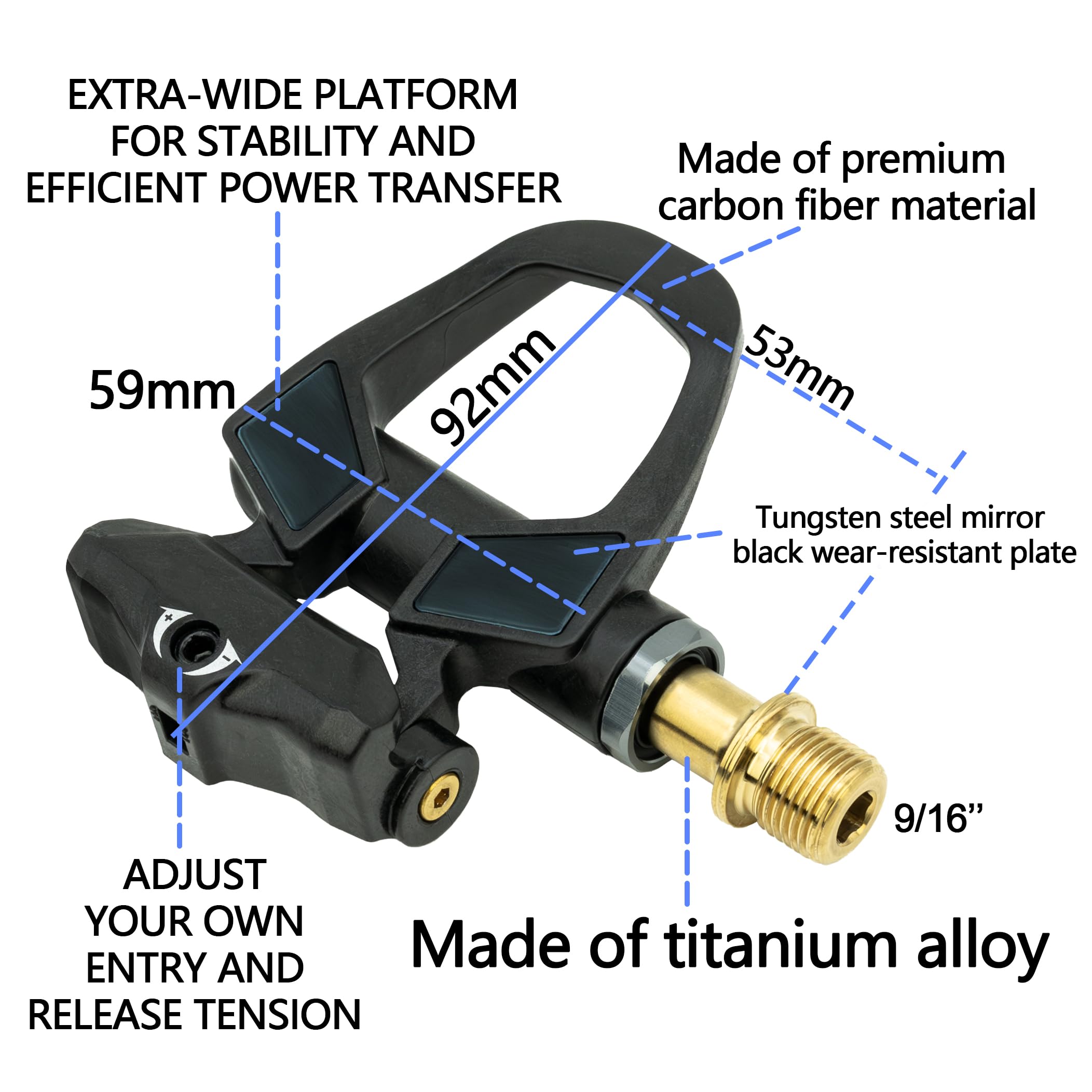 Thinvik Carbon-Ti 202 g (par) Pedales de bicicleta de carretera para Shimano SPD-SL – Ultralicht + Cleats, ajuste de 6°, eje 9/16 pulgadas, 53 mm