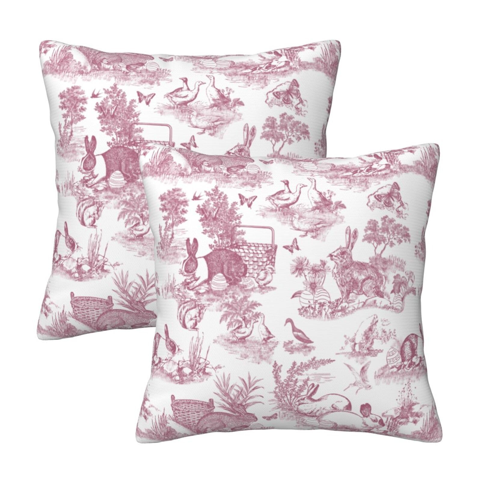 LOHDALOLF Red Toile Cushion Covers 45x45 cm Set of 2 Easter Rabbit Cushion Cases Rustic Decorative Pillow Covers for Spring Decoration