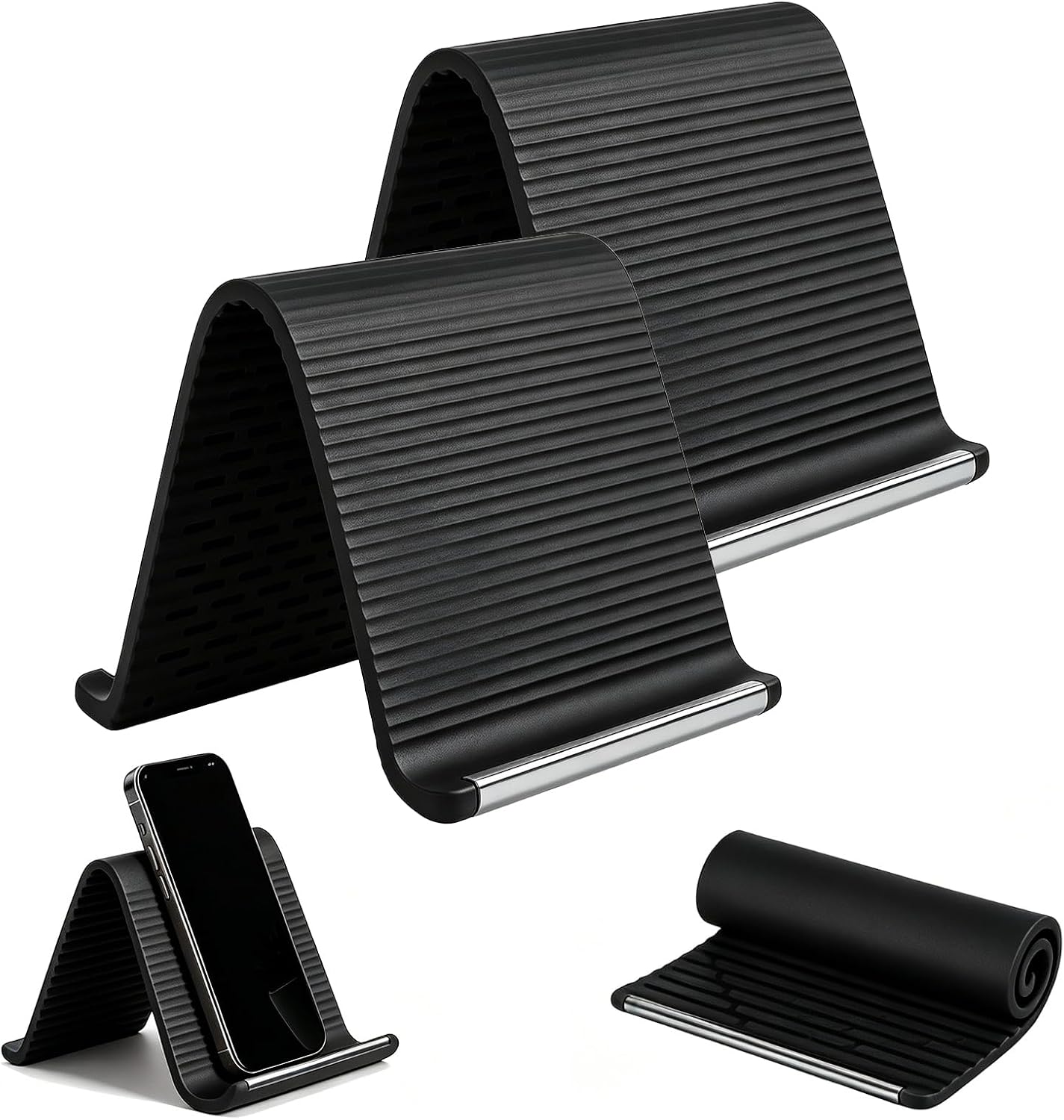2PCS Portable Foldable Silicone Aluminum Phone Stand, Bendable Core Foldable Rollable Phone Holder - Flexible iPhone Stand for Long Travel Accessories - Plane Essentials (Black)