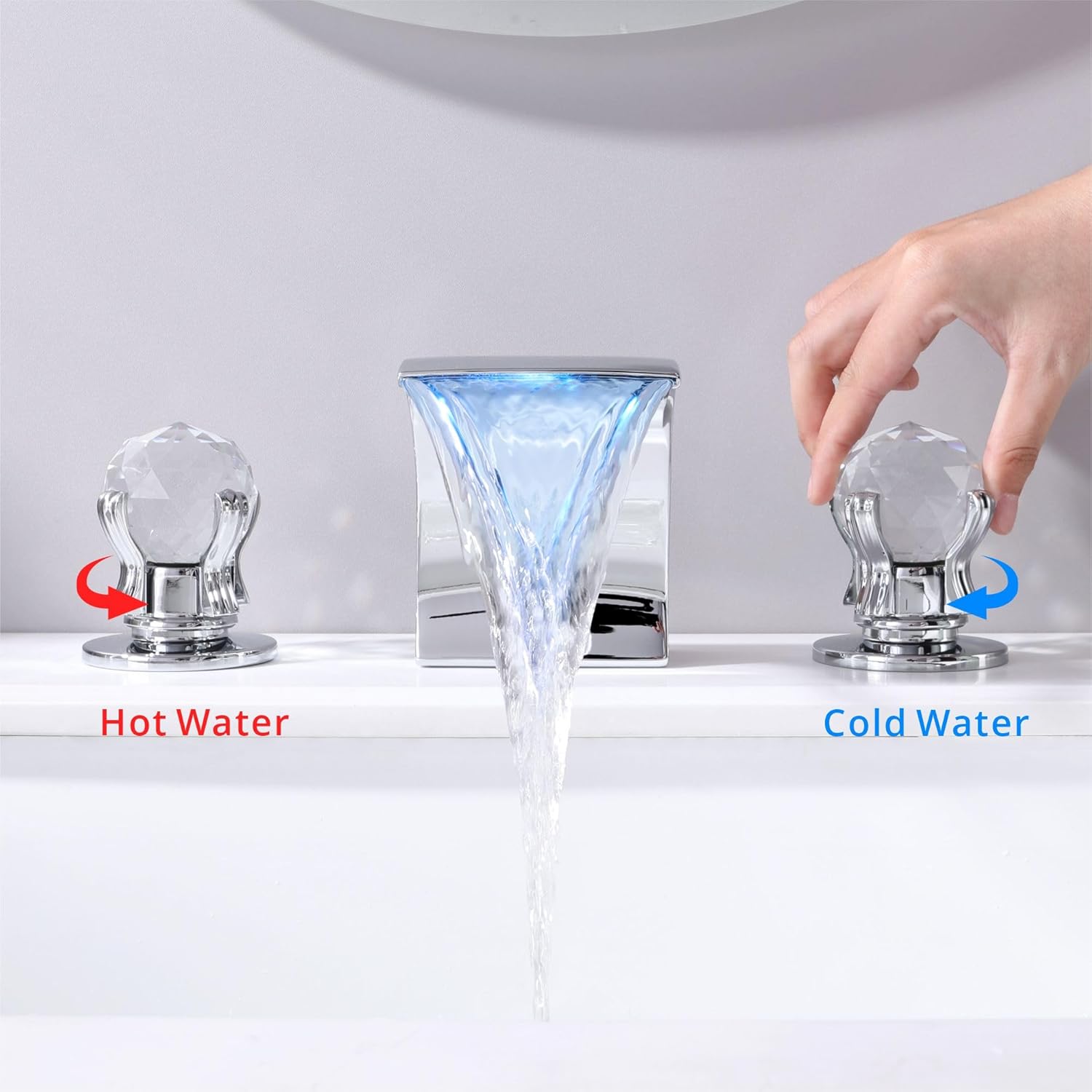 Bathroom Faucet with LED Light, Waterfall 3 Hole Bathroom Sink Faucet, Modern 8 Inch Widespread Vanity Tap with 2 Crystal Handle, Polished Chrome