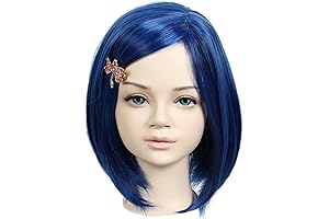 Linfairy Kids Short Blue Coraline Wig with Hair Clip for Costume Dress Up