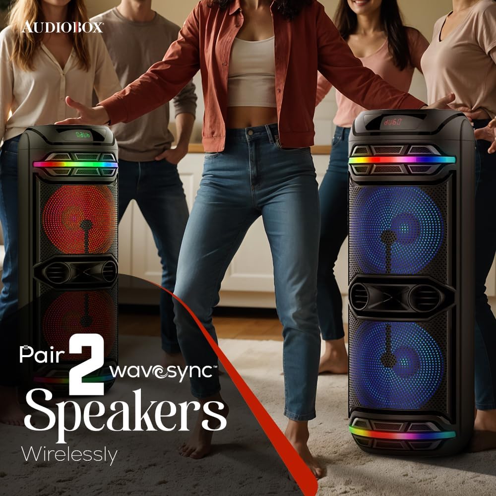 Two AudioBox ABX-2140R speakers paired wirelessly