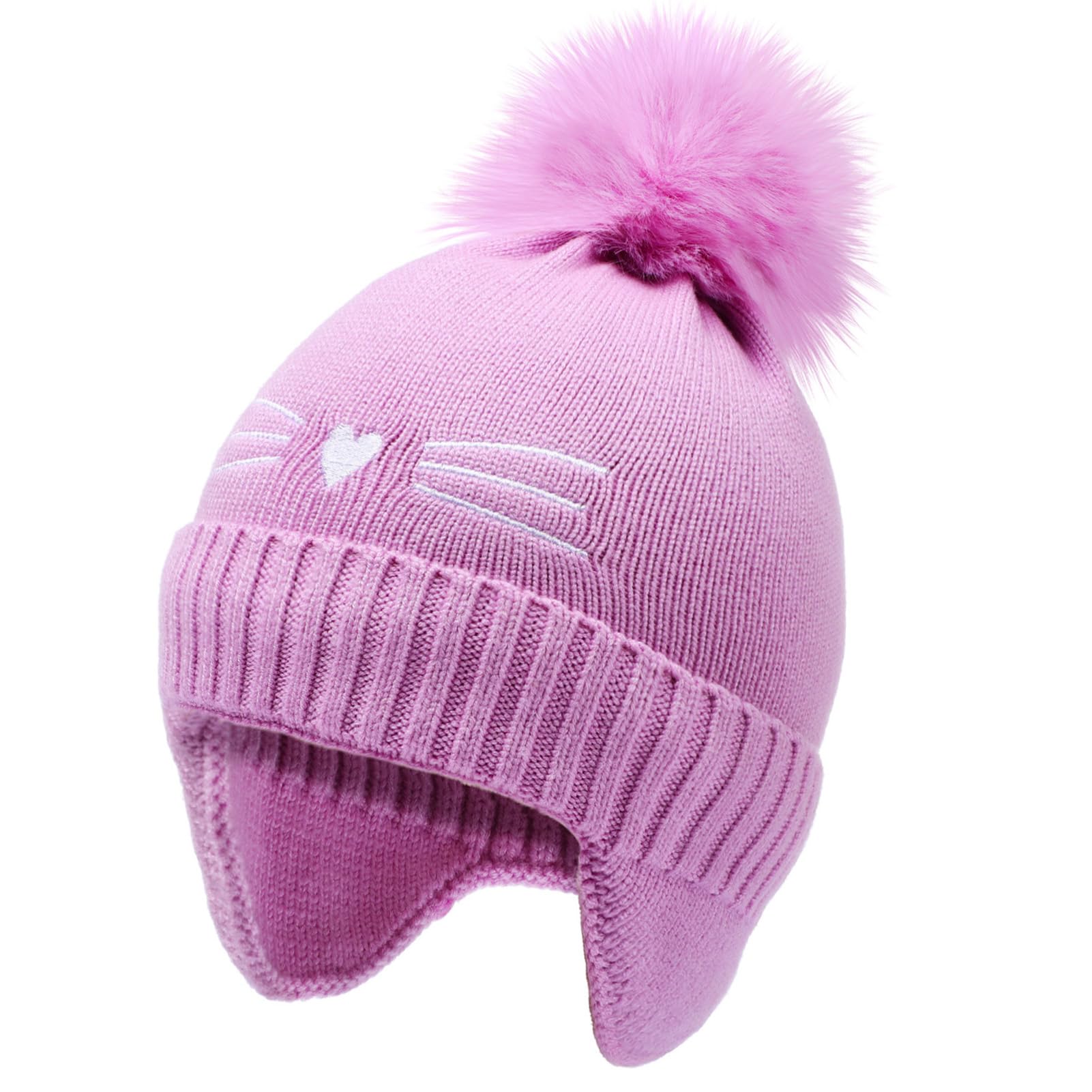 Girls Beanie Knit Hat with Ear Flaps Rainbow Cat Hats Toddler Kids Winter Outdoor Skull Snow Ski Cap Age 2-10