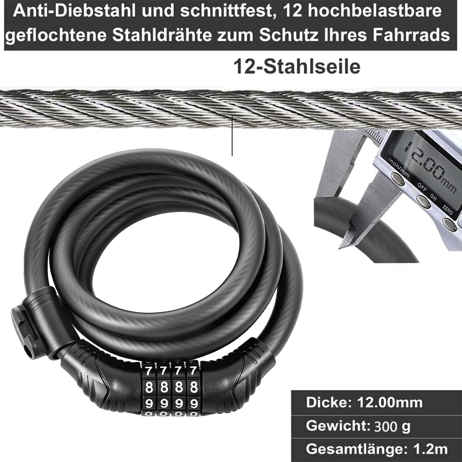 E Roller Schloss,4-stellige Fahrradschloss Kabelschloss Kompatibel für Xiaomi M365/Pro2/Max/ES/GXL Essential Scooter/Fahrrad/Motorrad/Baby 1.2m/12mmAnti-Diebstahl Ideal Zahlenschloss für 12 Stahlkabel