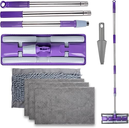 Miniatura 8 de ITTAHO Trapeadores de microfibra para limpieza de suelos, trapeador plano en seco y húmedo con mango telescópico de acero inoxidable, 4 almohadillas