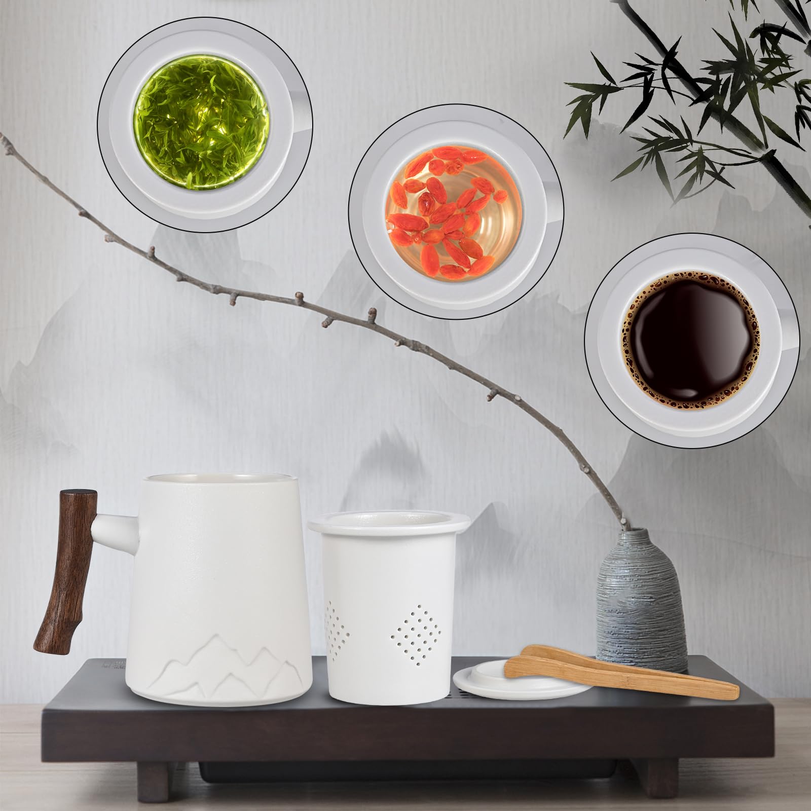 Herboom Teetasse mit Teesieb und Deckel Keramik Tasse Große Teetassen mit Holzgriff mit Teegeschirr Teeklammern Holz, geeignet für Zuhause/Büro/Geschenk