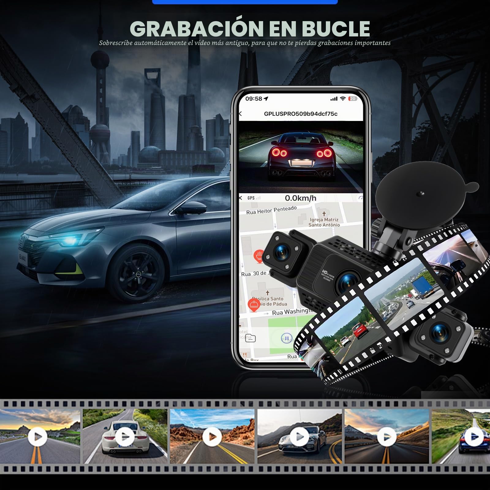 360 Grados 4 Canales Todo Alrededor 1080P Car Dash CAM, 3 Pulgadas IPS Pantalla con WiFi/64GB/G-Sensor/Cámara Trasera/24H Modo Aparcamiento/Visión Nocturna/Grabación en Bucle