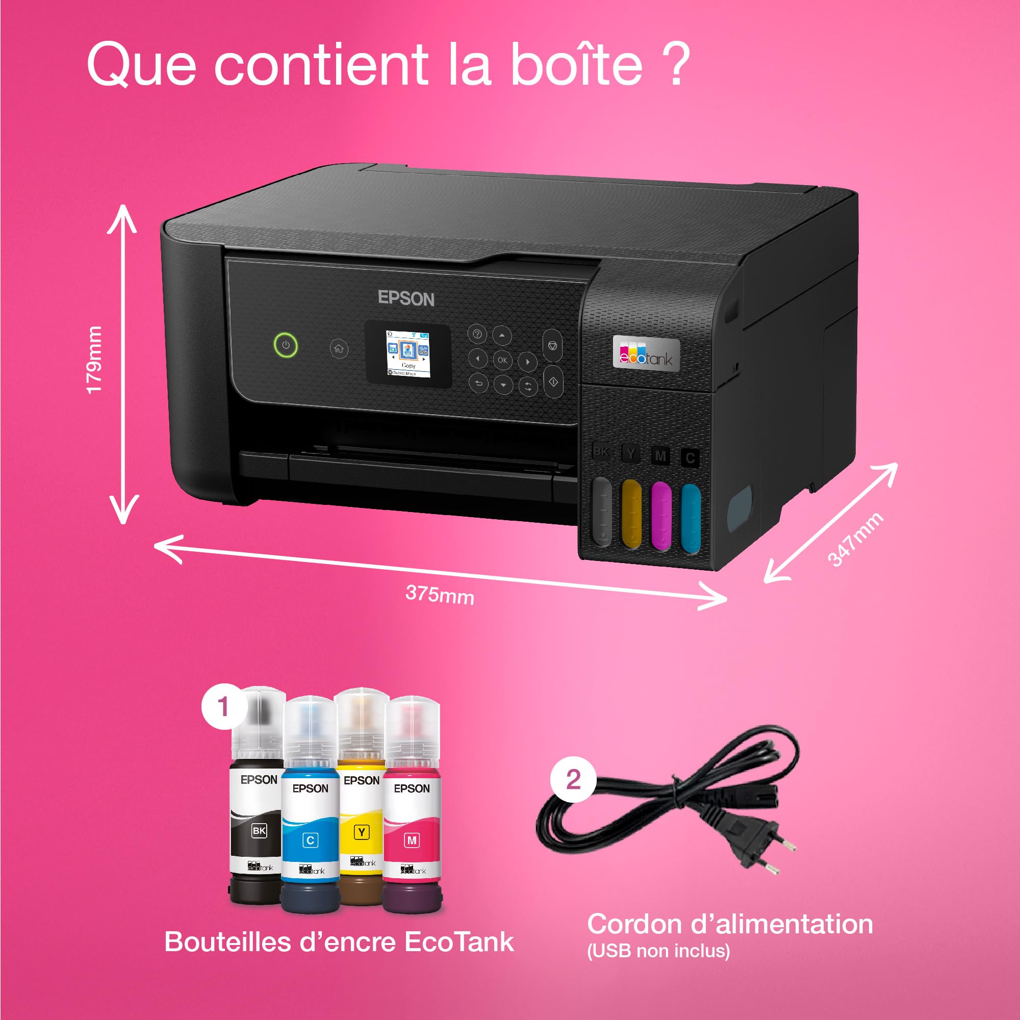 Epson EcoTank ET-2870 Imprimante à Réservoirs D’Encre | Maison & Petit Bureau | Wi-FI | A4 | Imprimer, Copier, Numériser | Écran LCD 3,7cm | Jusqu’à 3 Ans d’Encre Inclus