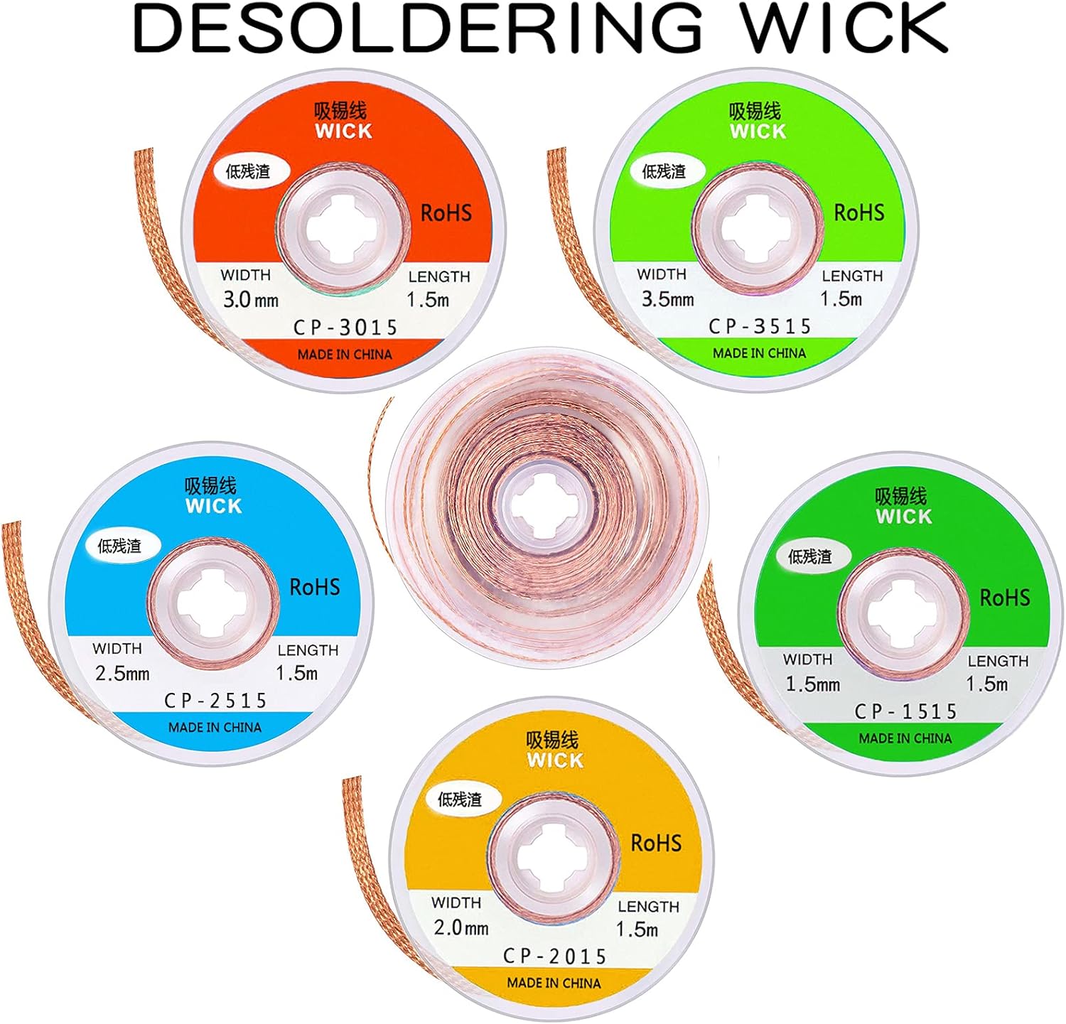 DaFuRui solder wick，10 Pack No-Clean solder wick braid solder remover sucker tool for Desoldering Wicks（1.5mm/2mm/2.5mm/3mm/3.5mm Width 1.5m Length) - - 